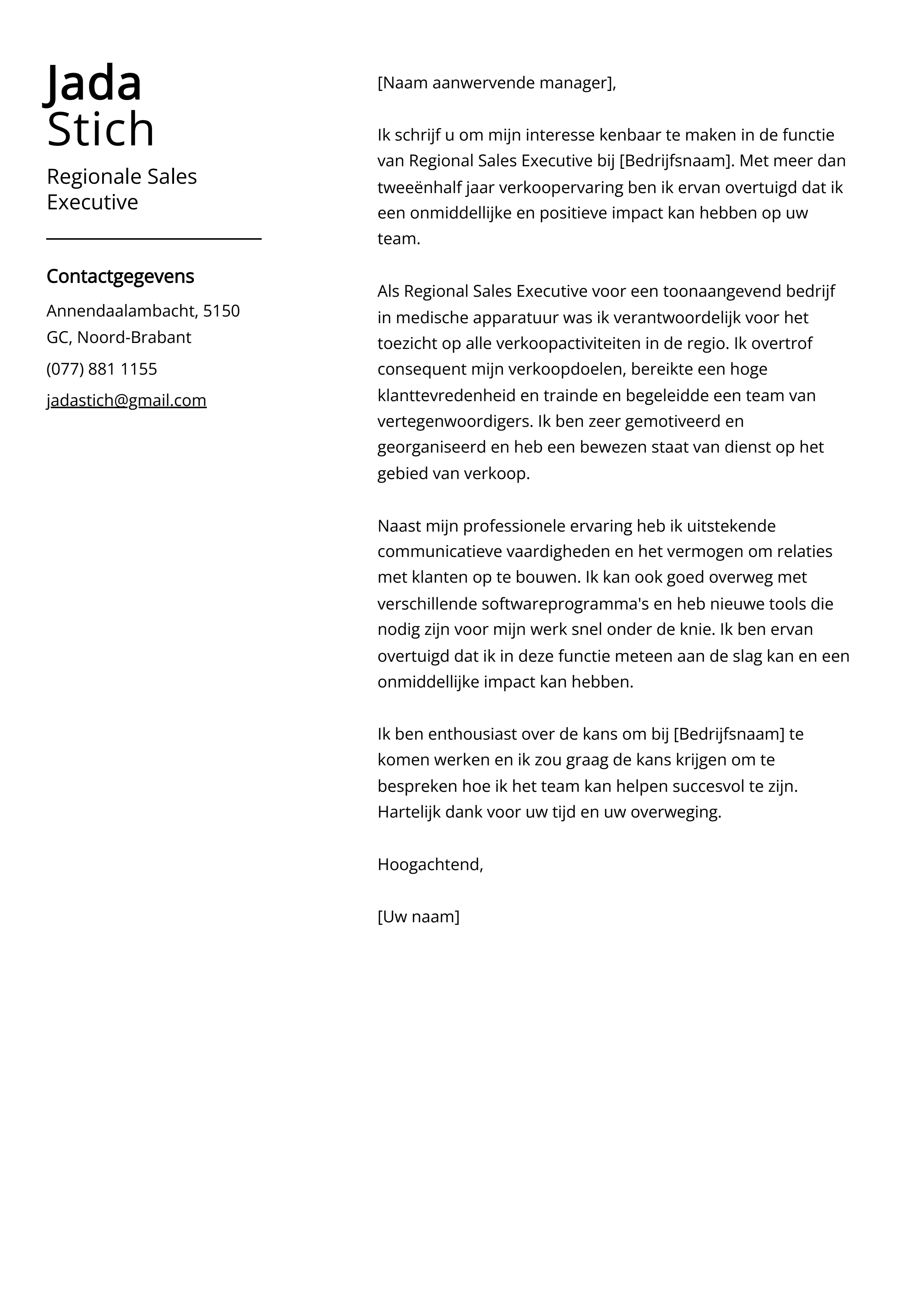 Regionale Sales Executive Cover Letter Voorbeeld