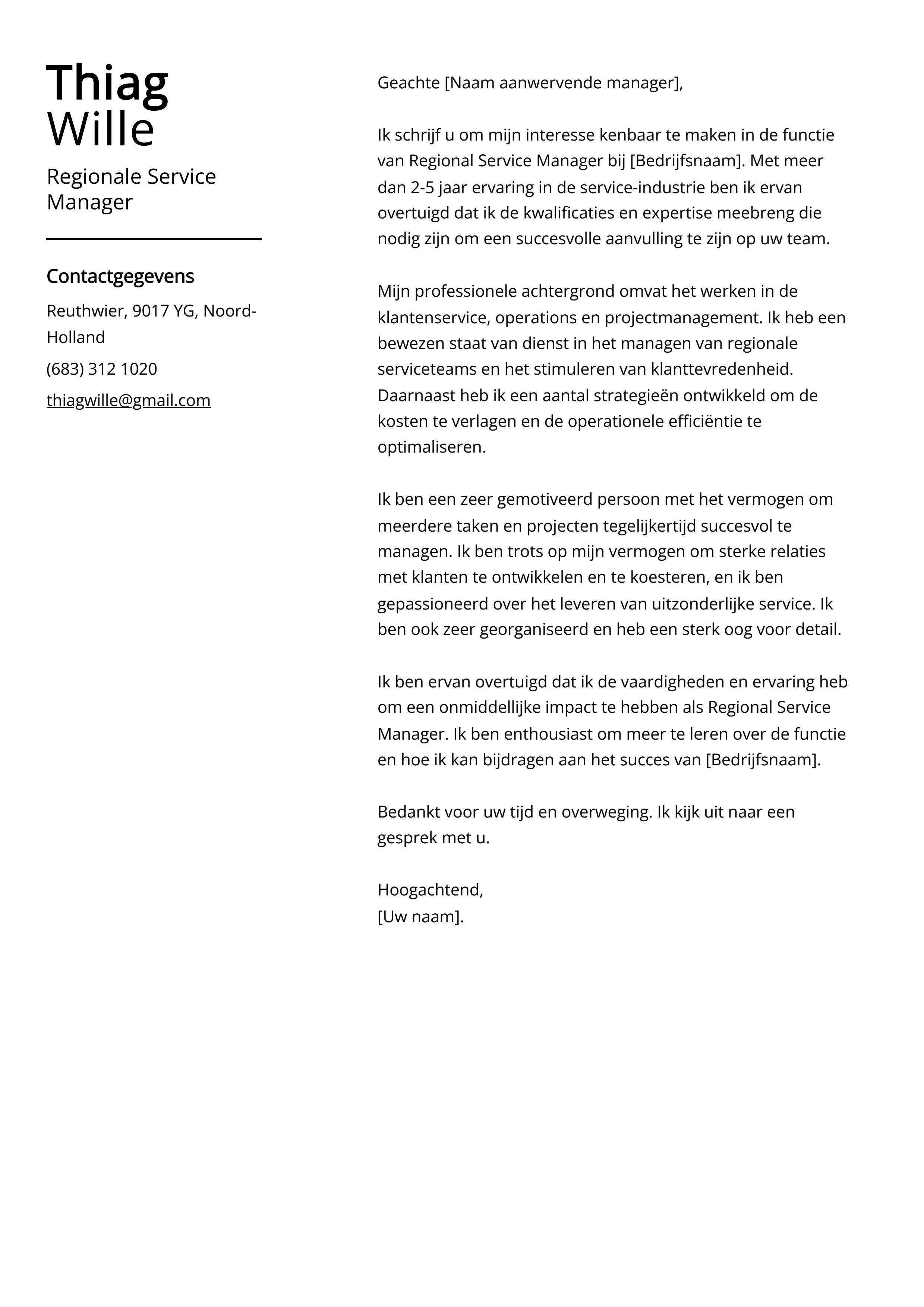 Regionale Service Manager Sollicitatiebrief Voorbeeld