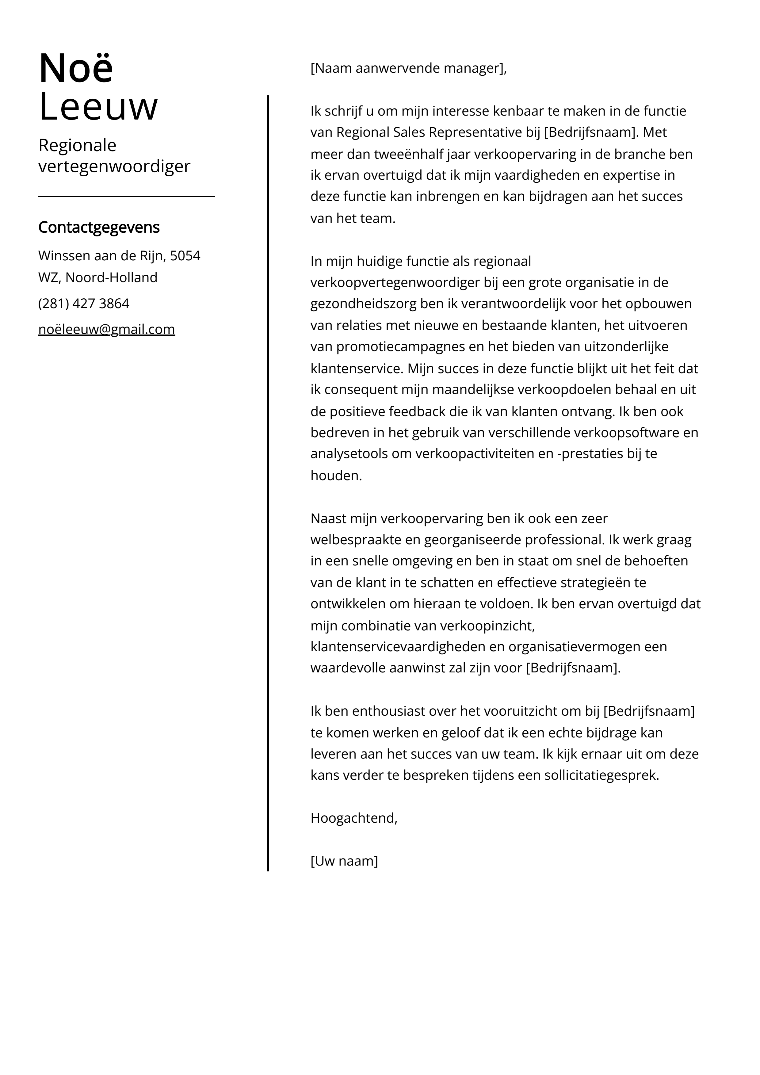 Regionaal vertegenwoordiger Cover Letter Voorbeeld