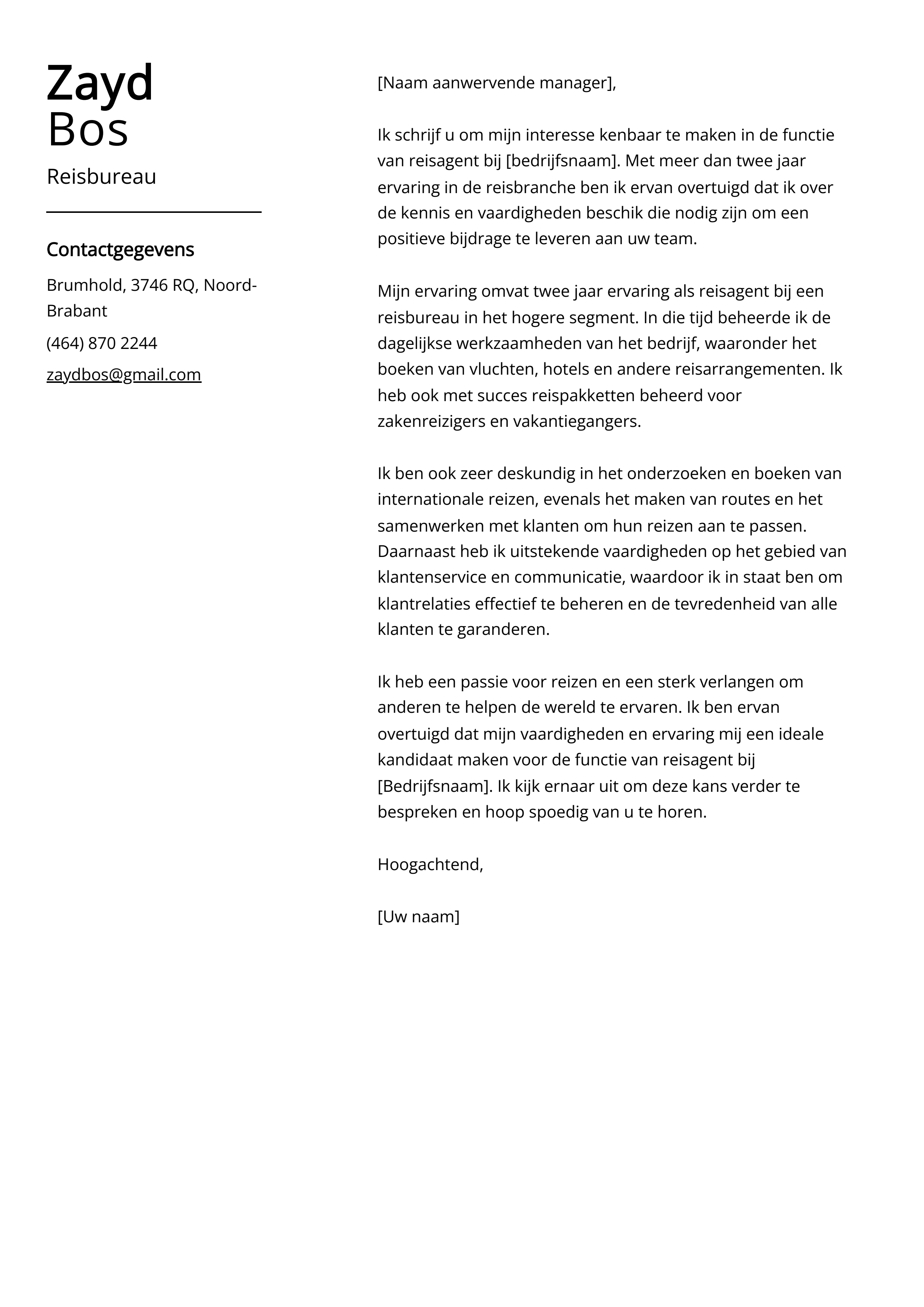 Reisbureau sollicitatiebrief voorbeeld