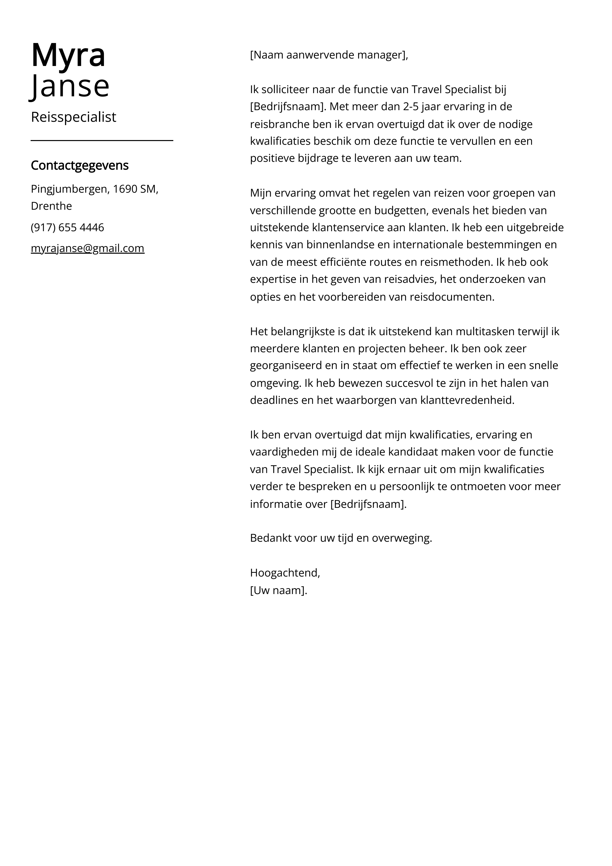 Reisspecialist Begeleidend schrijven Voorbeeld