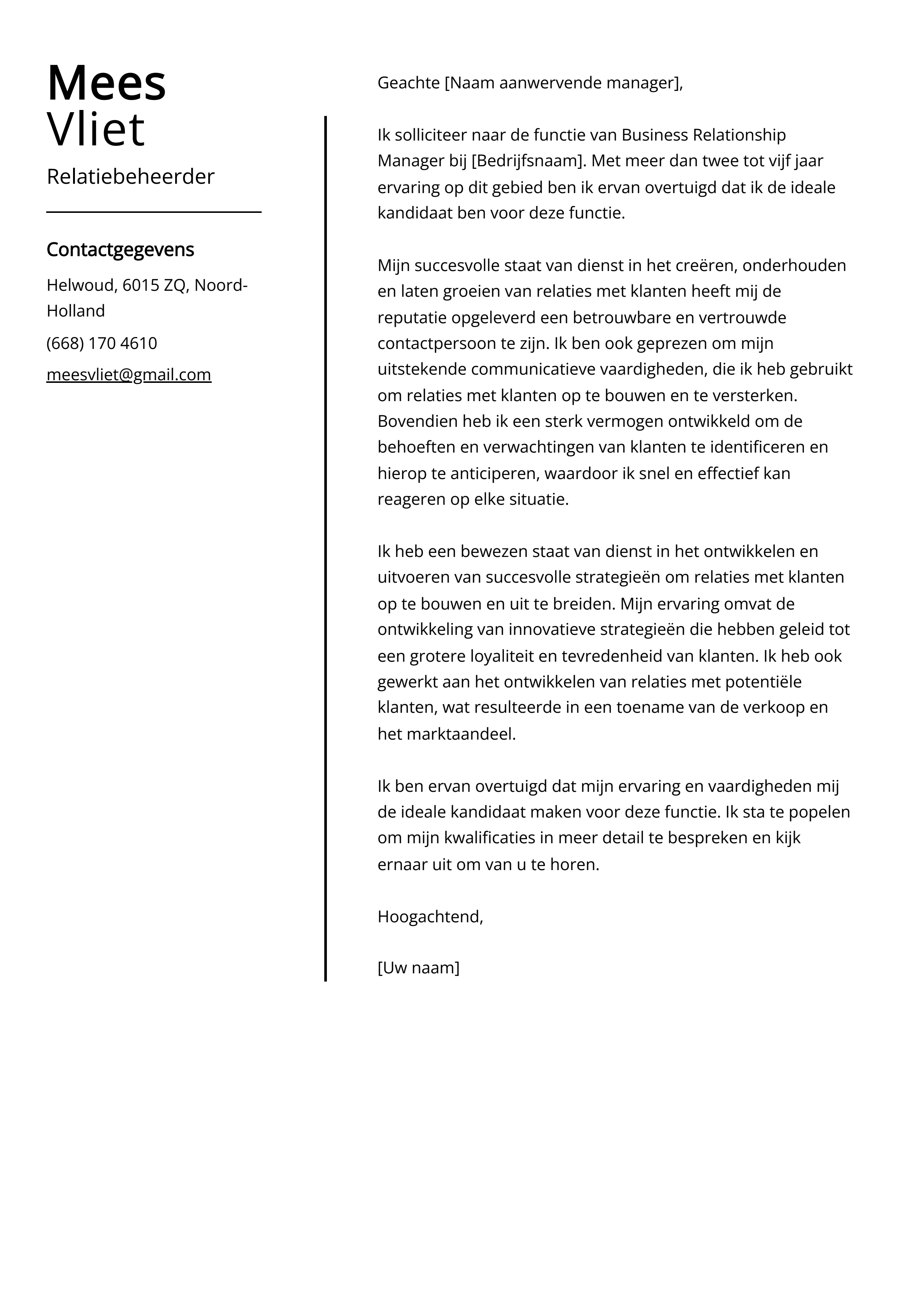 Relatiebeheerder sollicitatiebrief voorbeeld