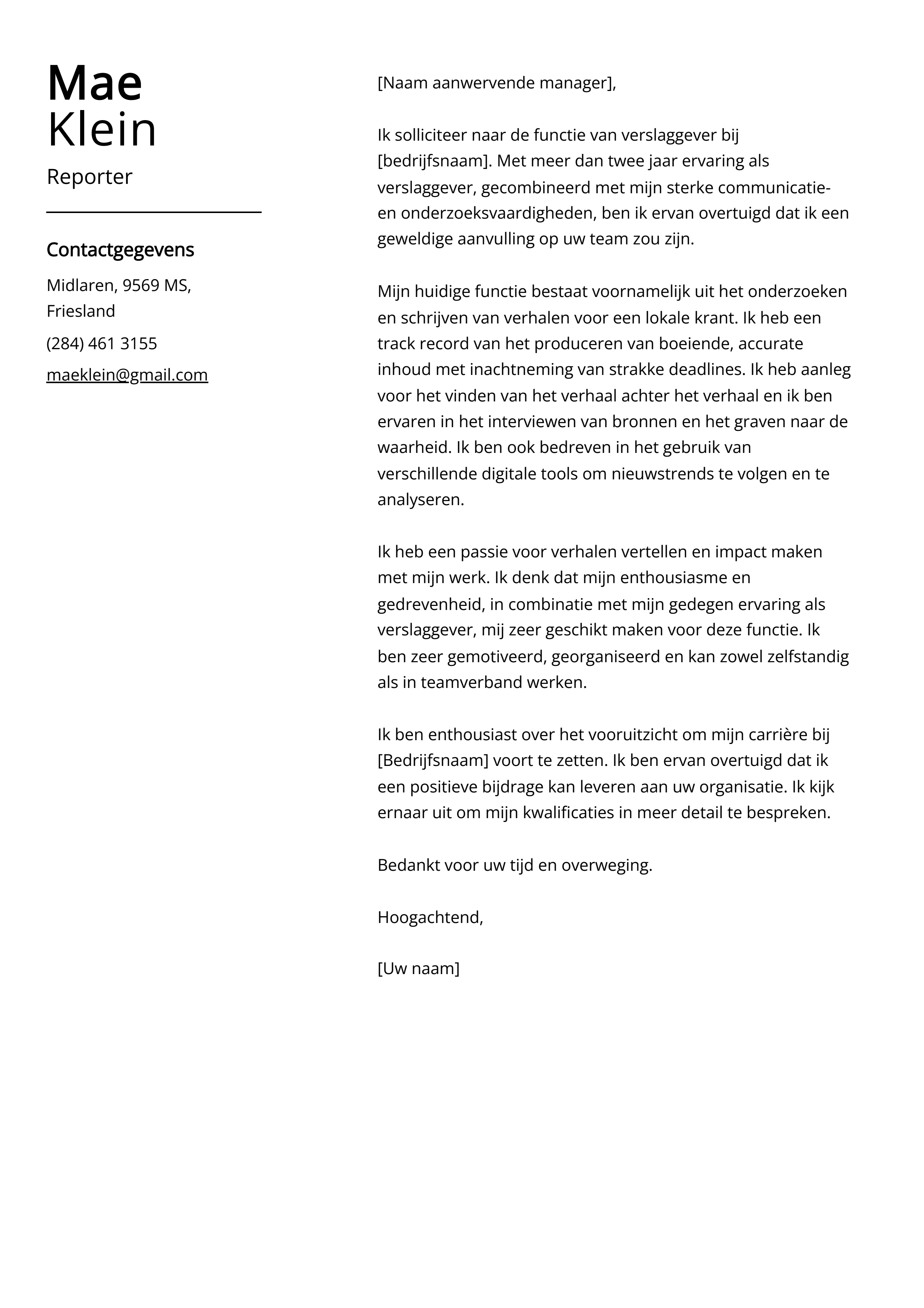 Reporter Voorbeeld sollicitatiebrief