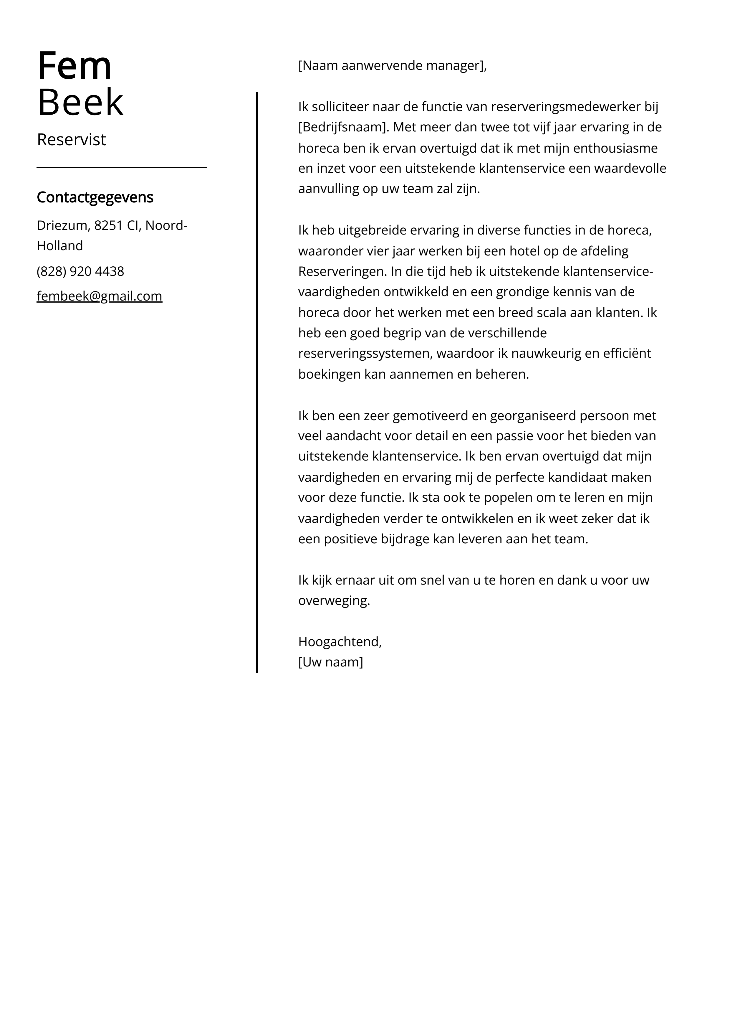 Voorbeeld sollicitatiebrief reservist