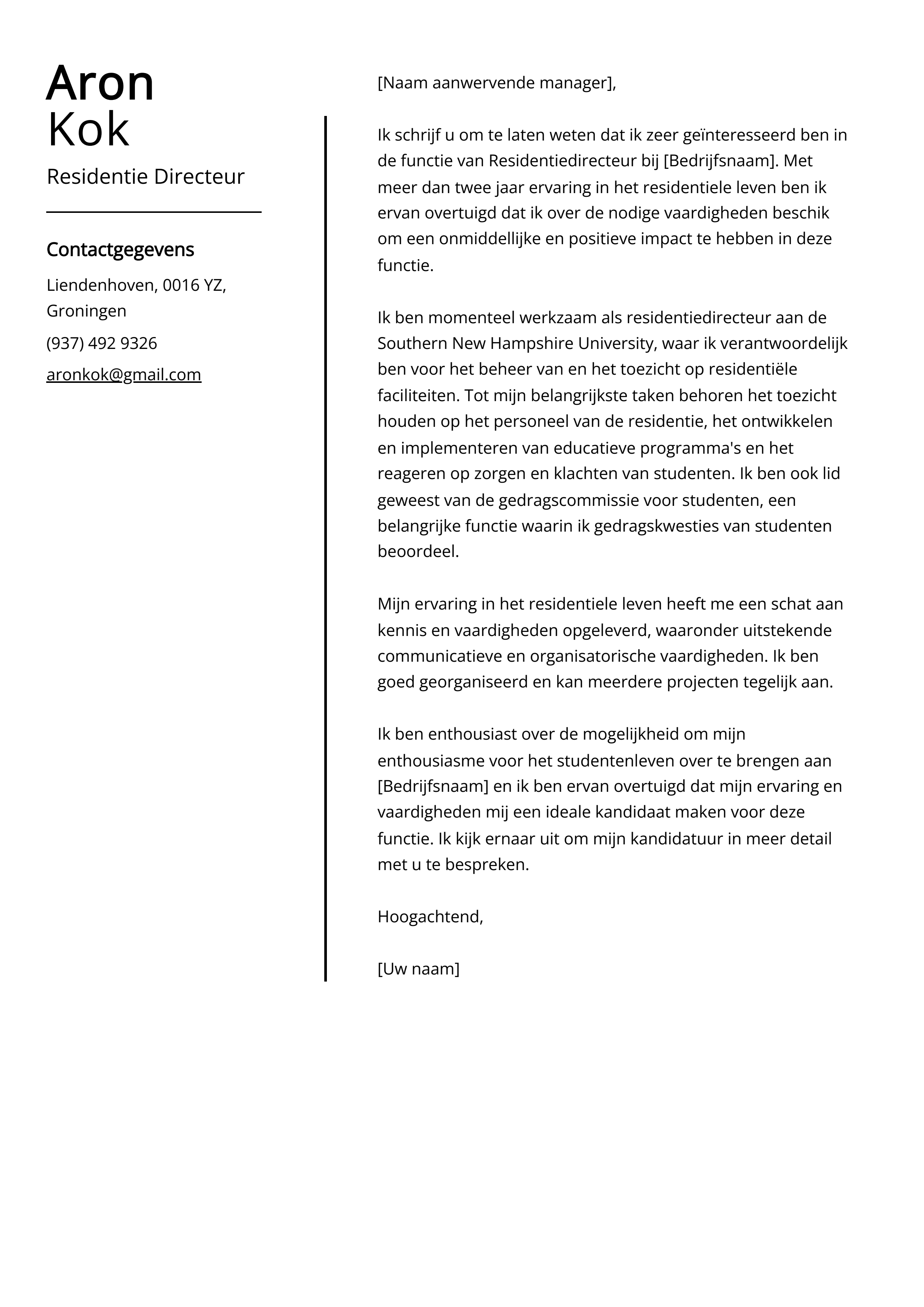 Residentie Directeur Sollicitatiebrief Voorbeeld