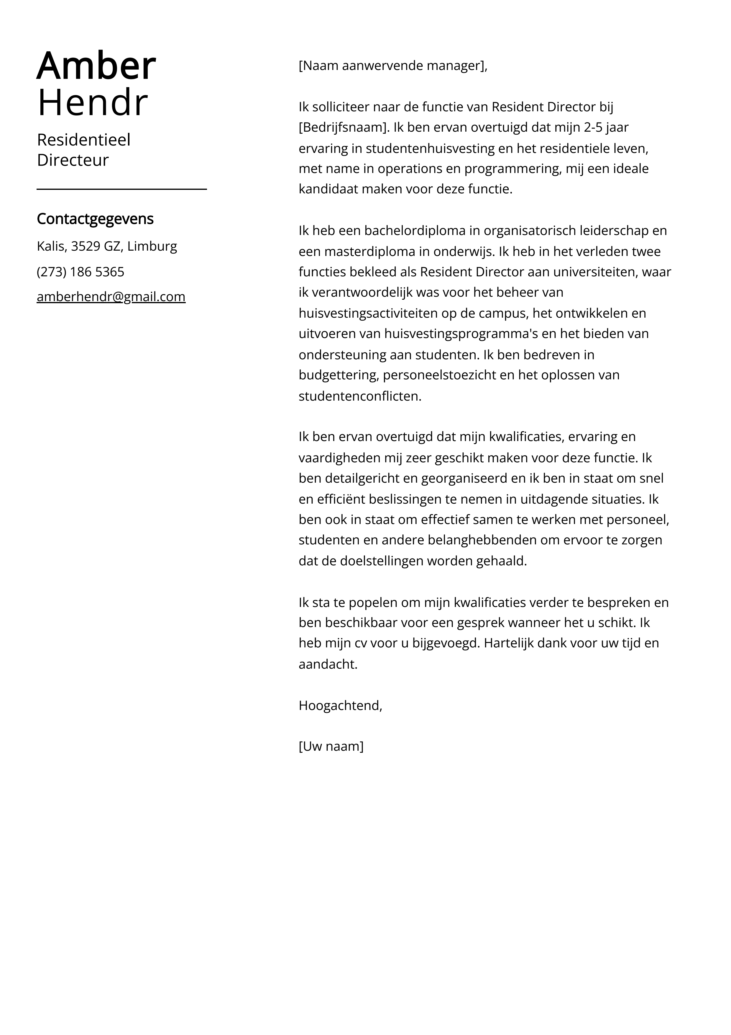 Residentieel Directeur Sollicitatiebrief Voorbeeld