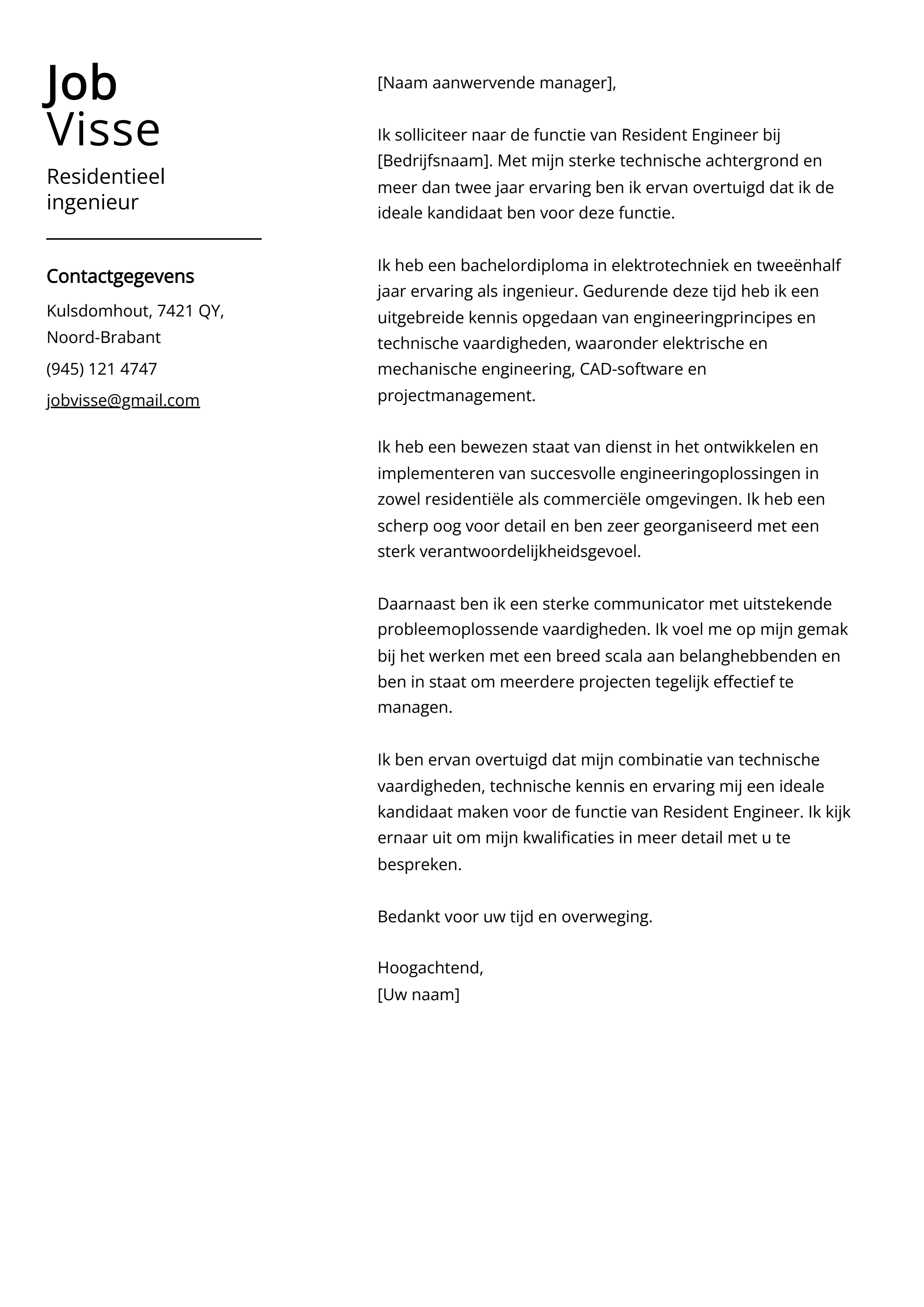 Residentieel ingenieur Sollicitatiebrief Voorbeeld