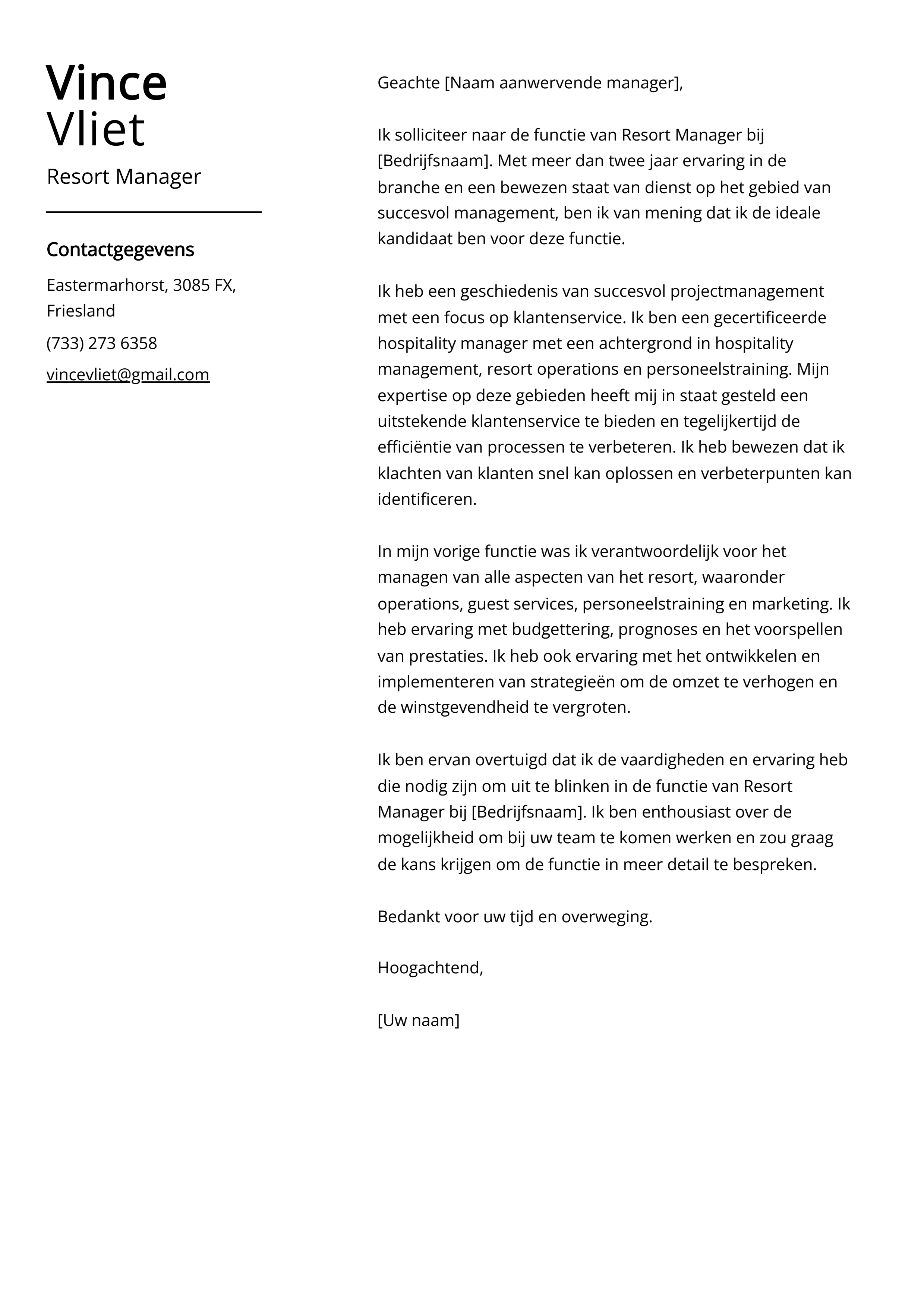 Resort Manager Voorbeeld sollicitatiebrief