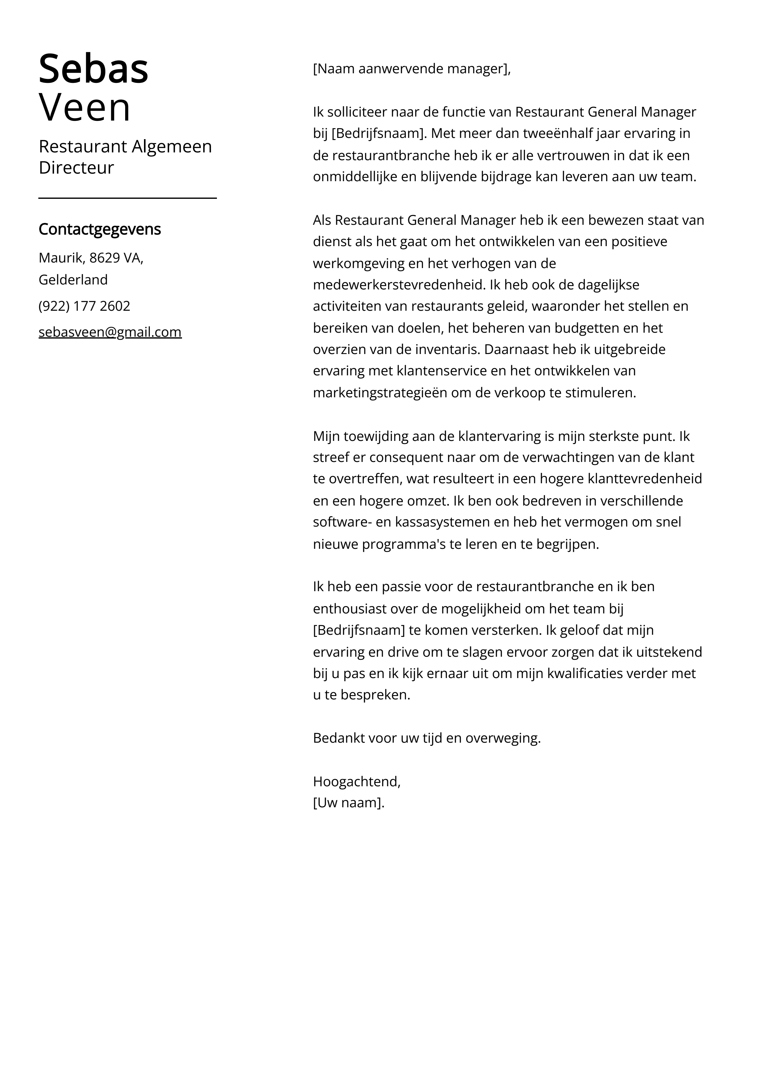 Restaurant Algemeen Directeur Voorbeeld sollicitatiebrief