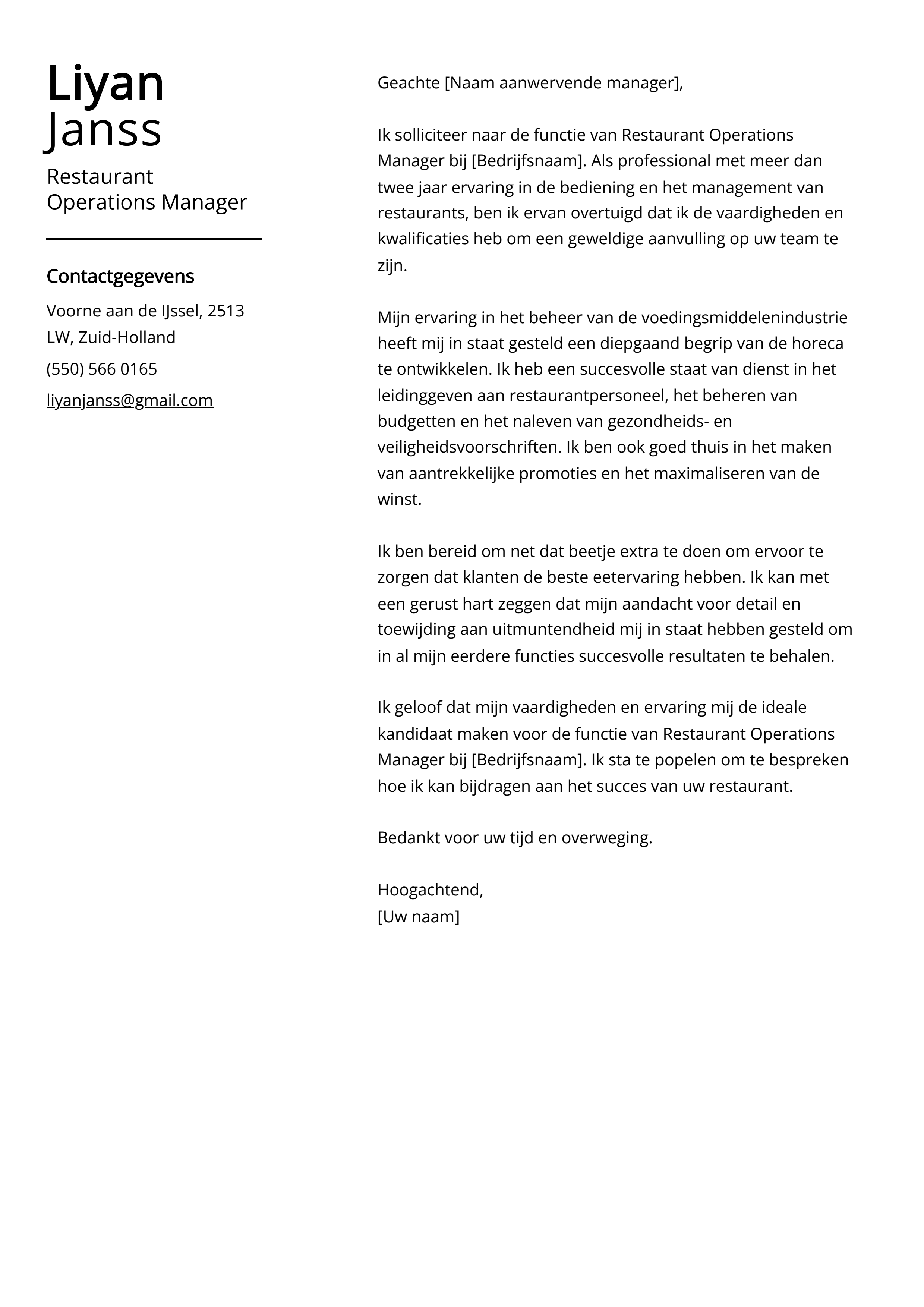 Restaurant Operations Manager Voorbeeld sollicitatiebrief