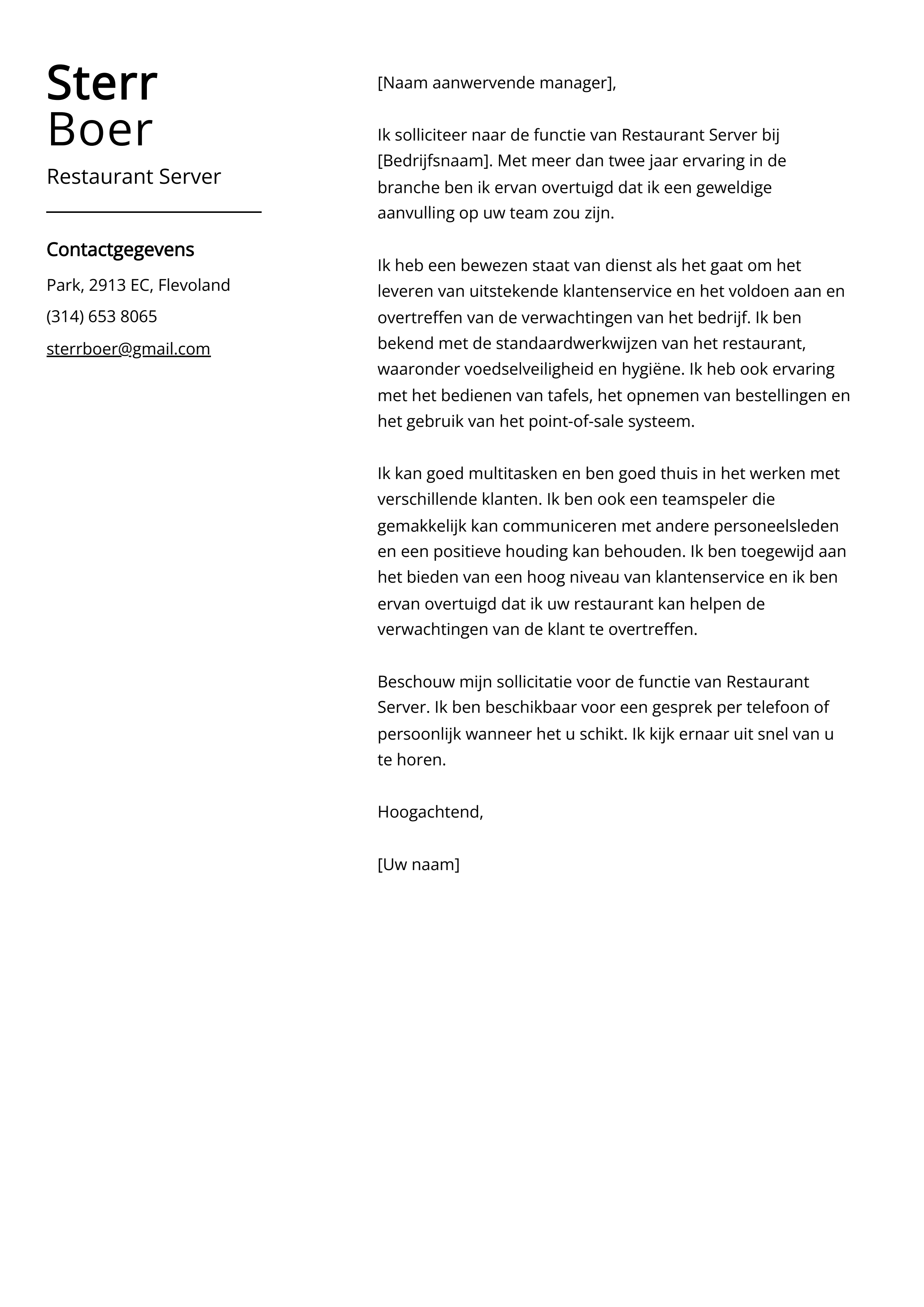 Restaurant Server Voorbeeld sollicitatiebrief