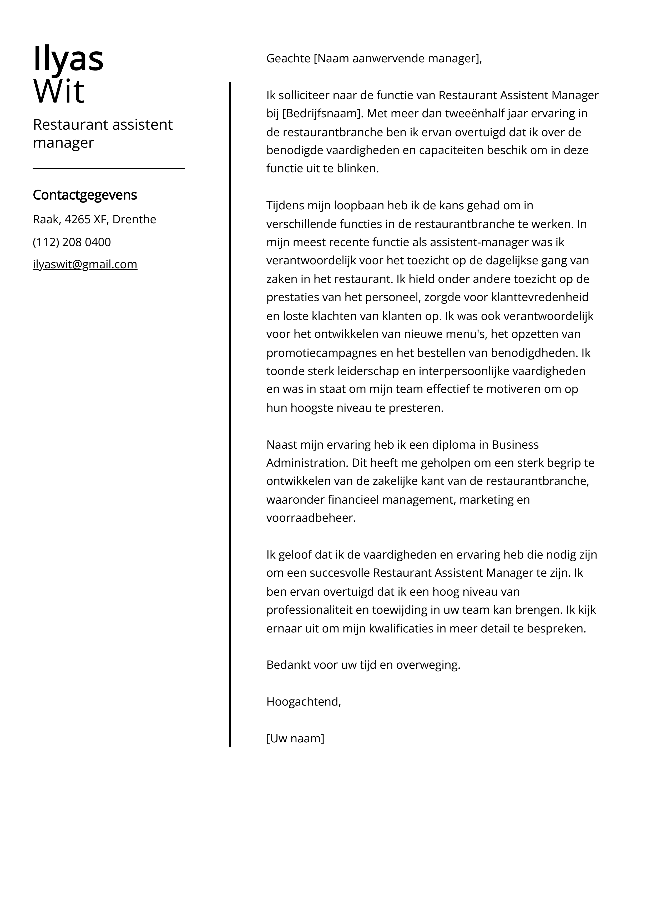 Restaurant assistent manager Sollicitatiebrief Voorbeeld