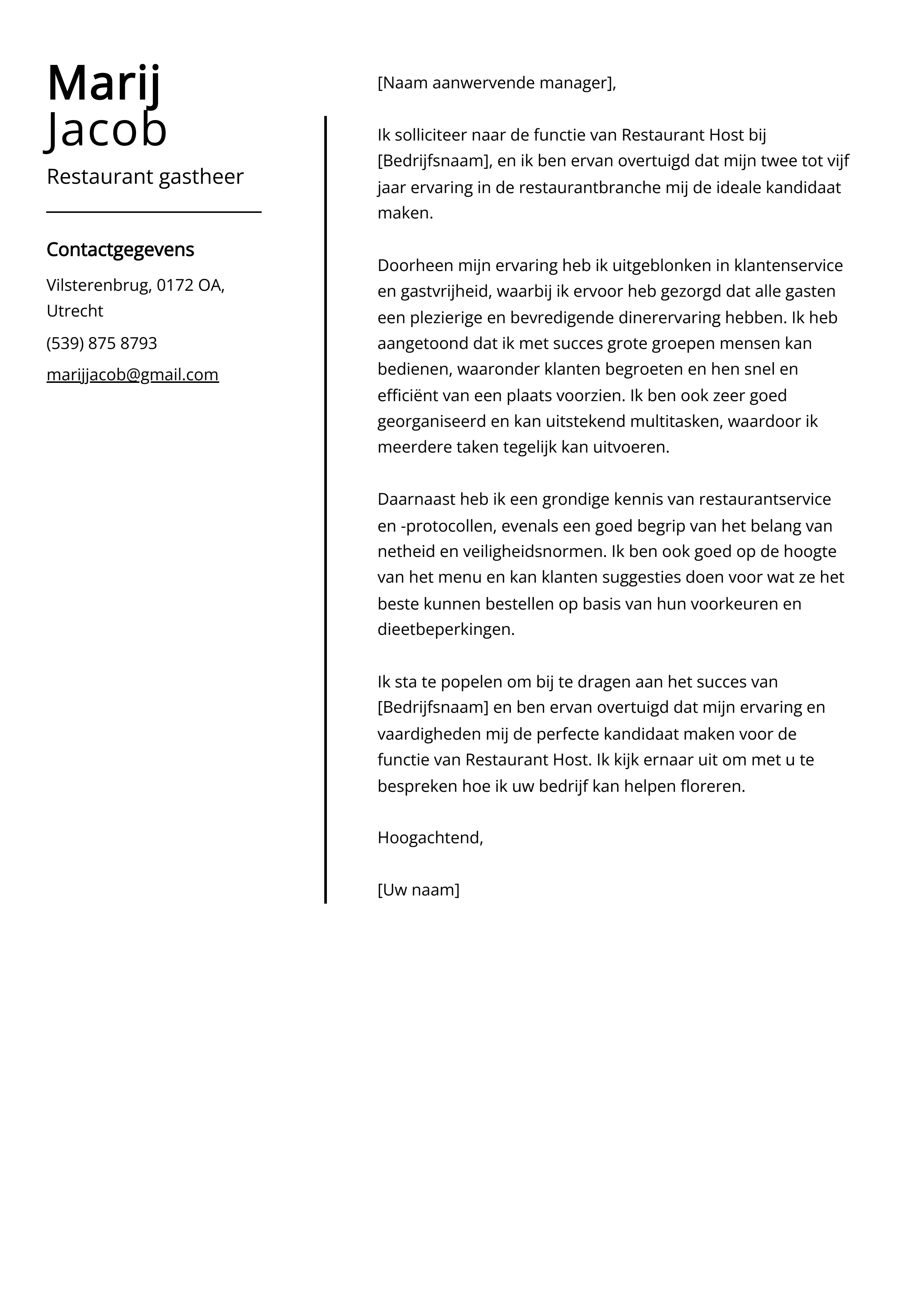 Restaurant gastheer Sollicitatiebrief Voorbeeld