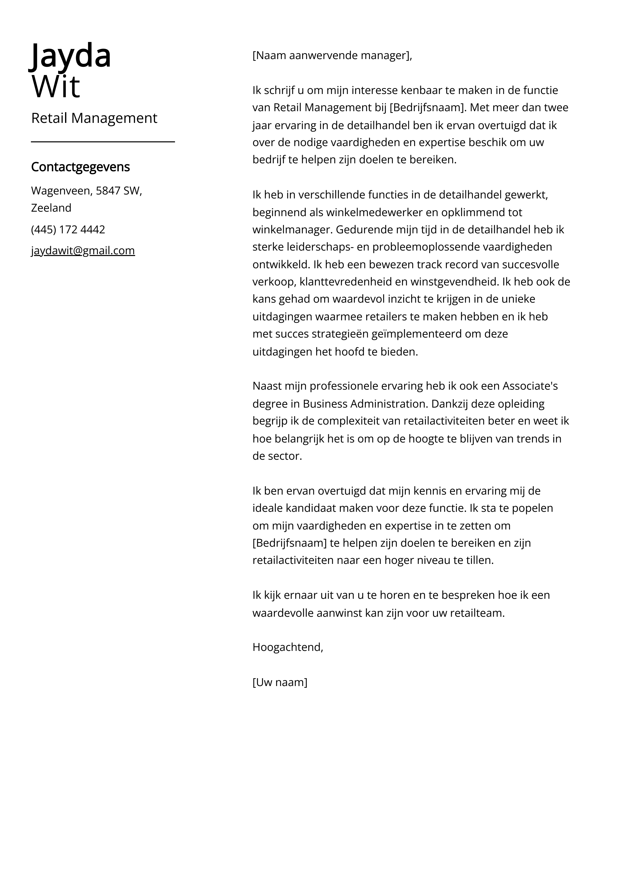 Retail Management Voorbeeld sollicitatiebrief