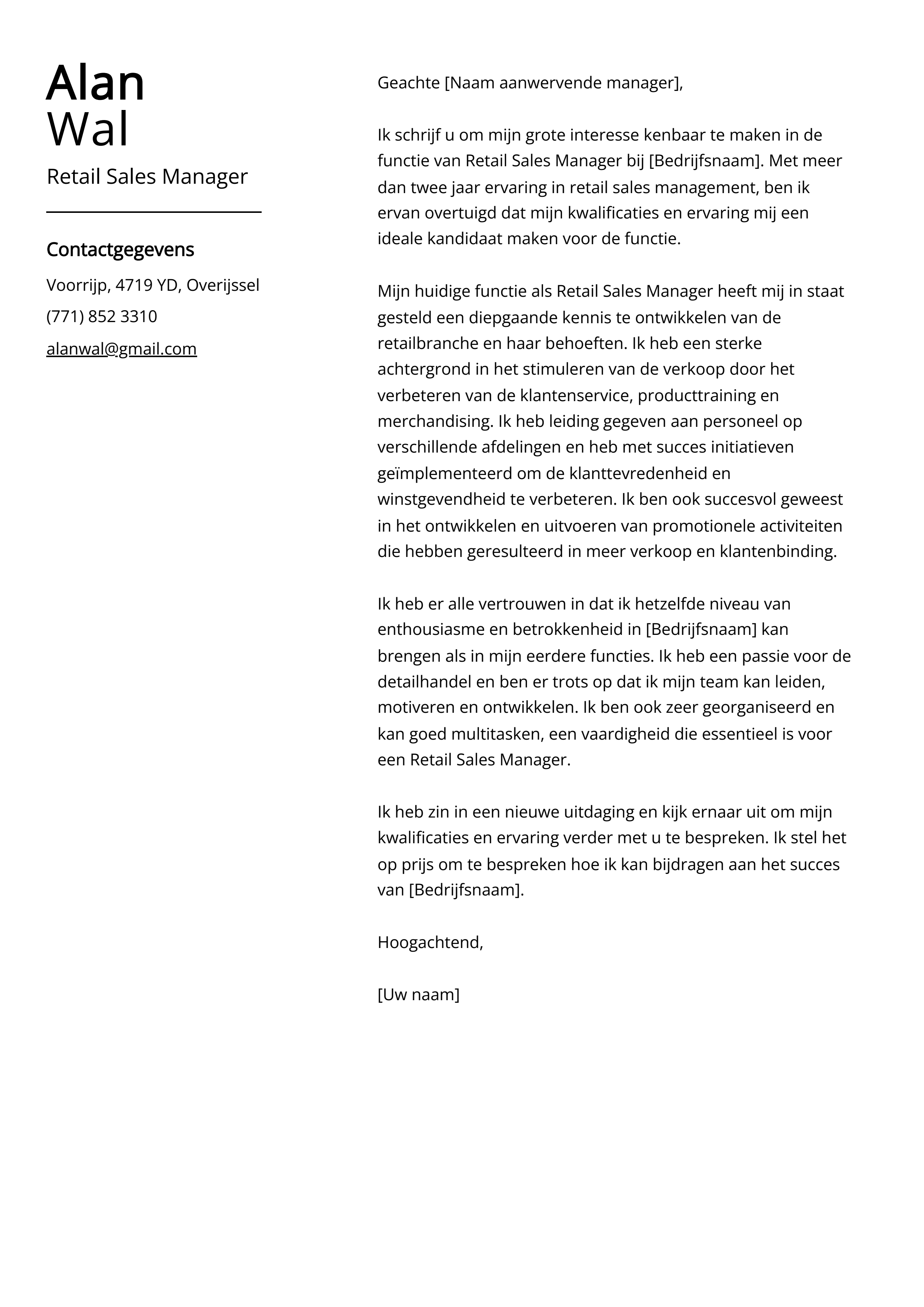 Retail Sales Manager Voorbeeld sollicitatiebrief