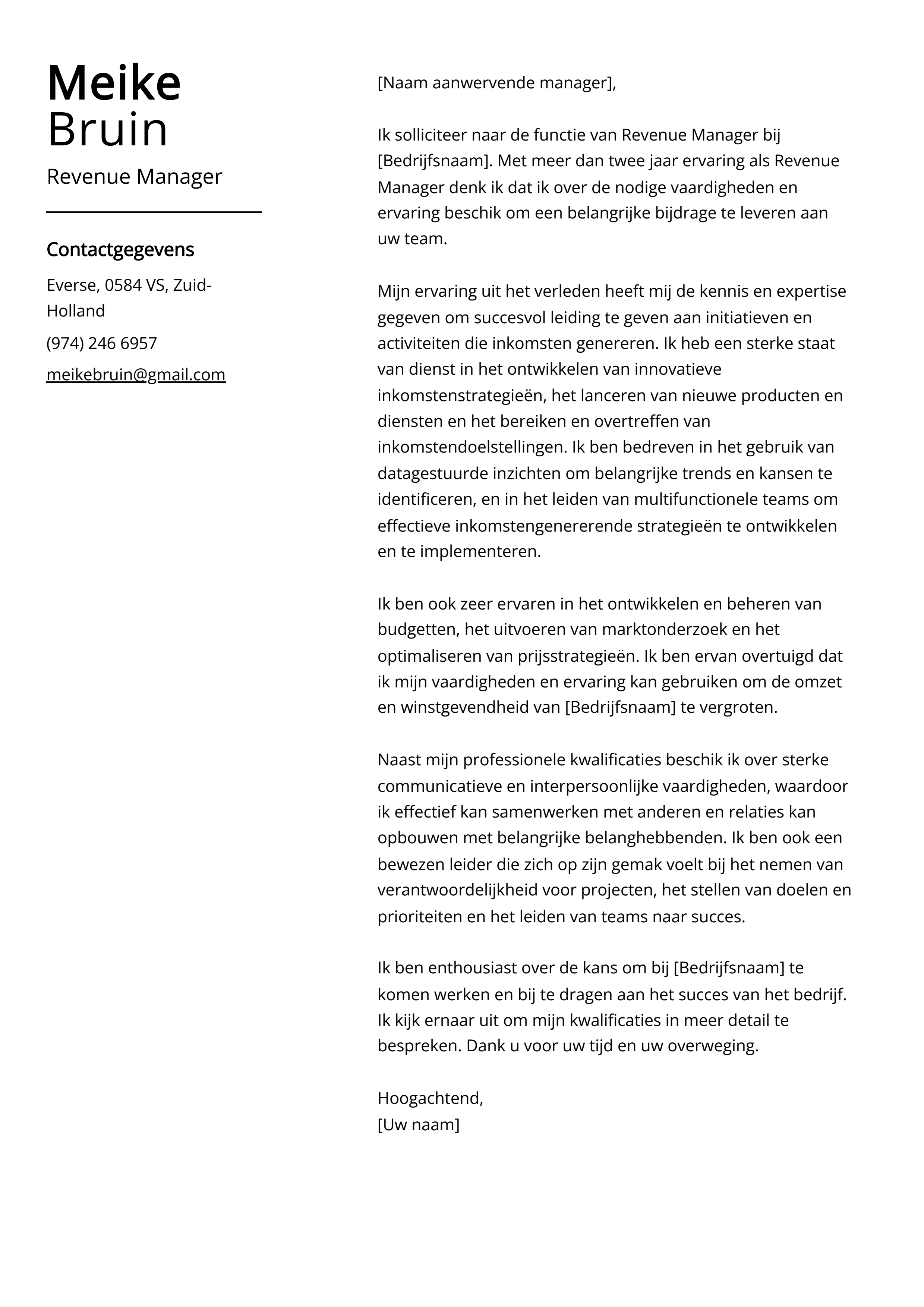 Revenue Manager Voorbeeld sollicitatiebrief