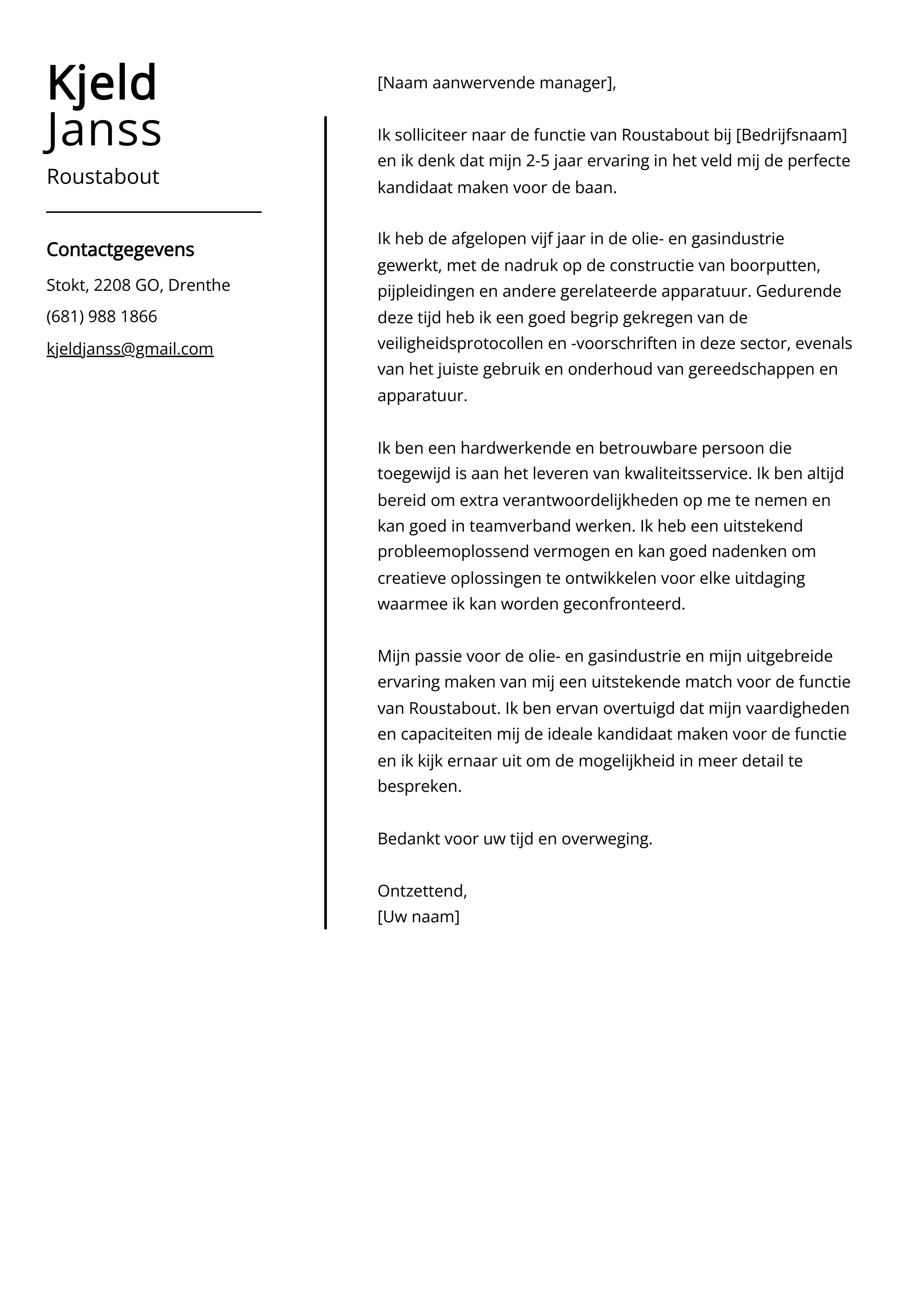 Roustabout Voorbeeld sollicitatiebrief