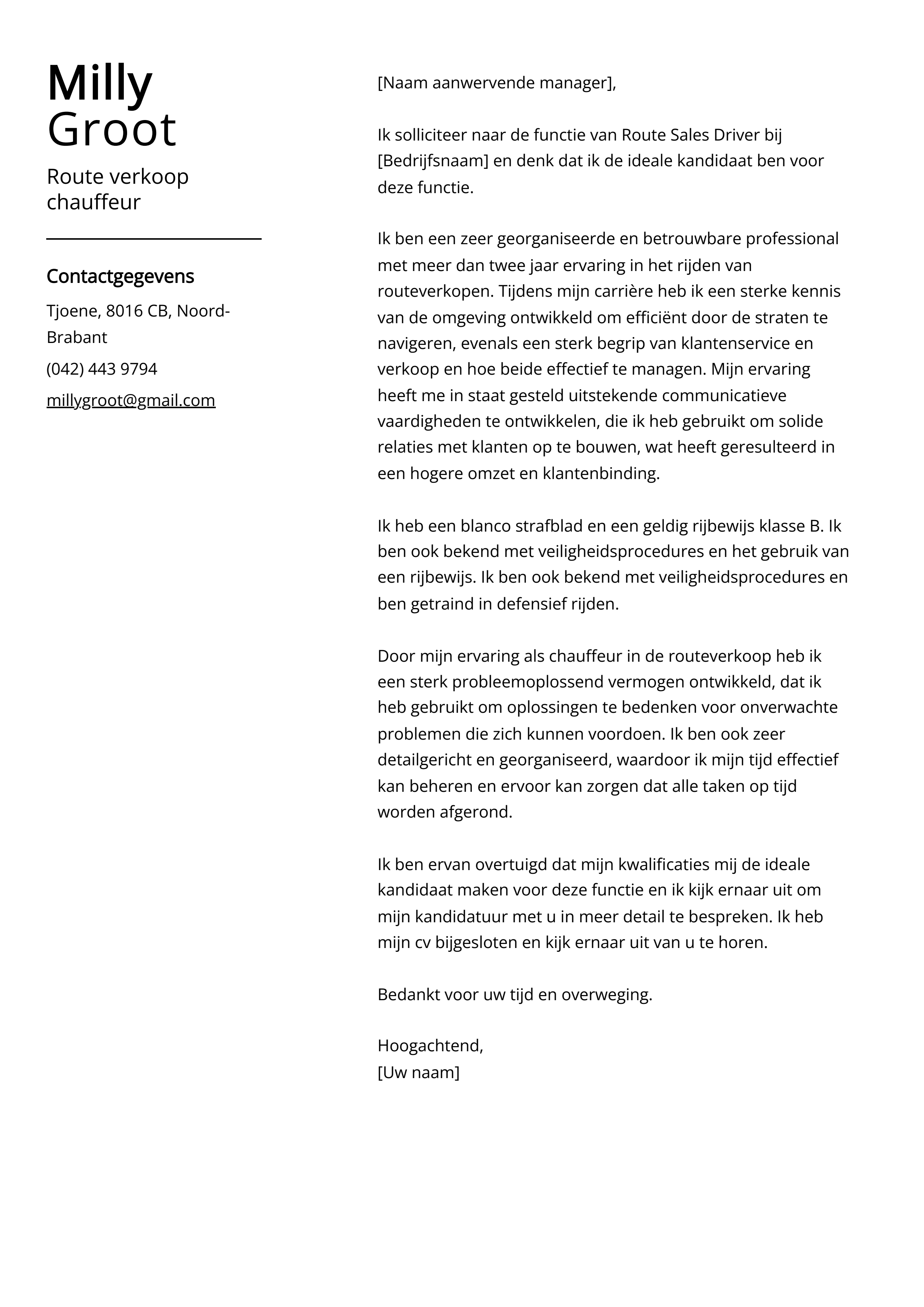 Route verkoop chauffeurs sollicitatiebrief voorbeeld