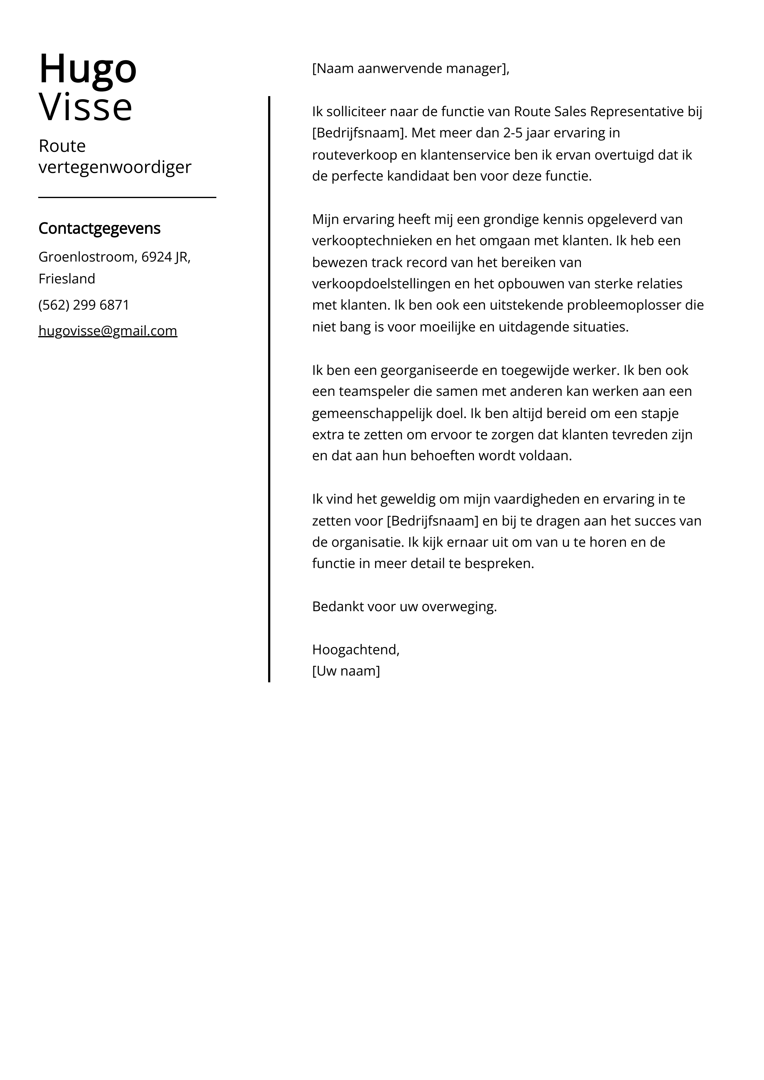 Route vertegenwoordiger Cover Letter Voorbeeld