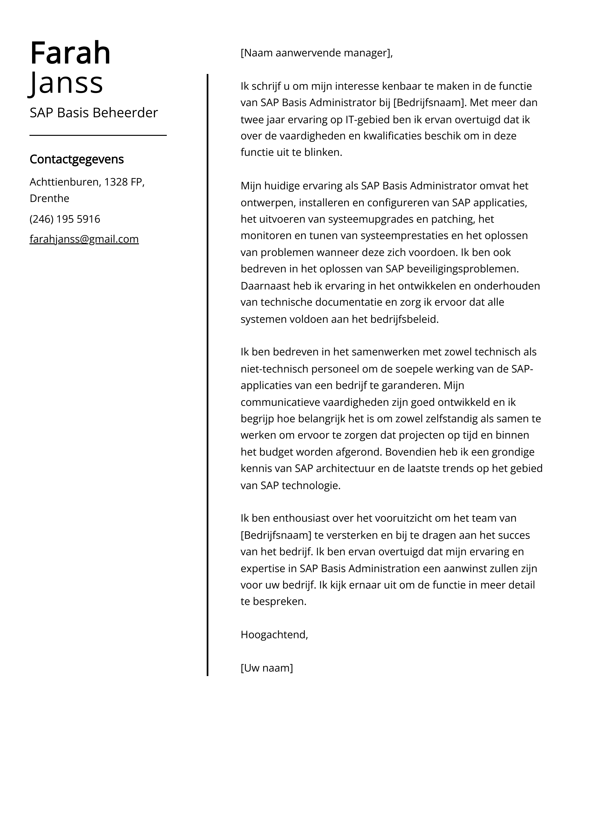 SAP Basis Beheerder Sollicitatiebrief Voorbeeld