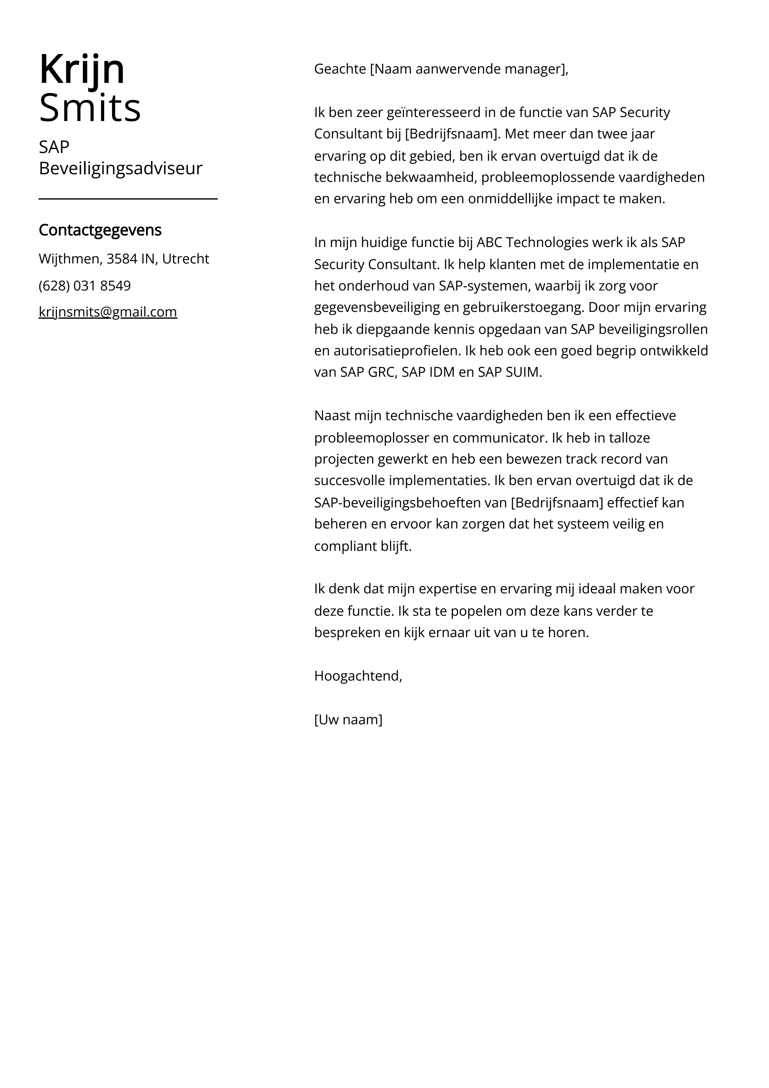 SAP Beveiligingsadviseur Voorbeeld sollicitatiebrief