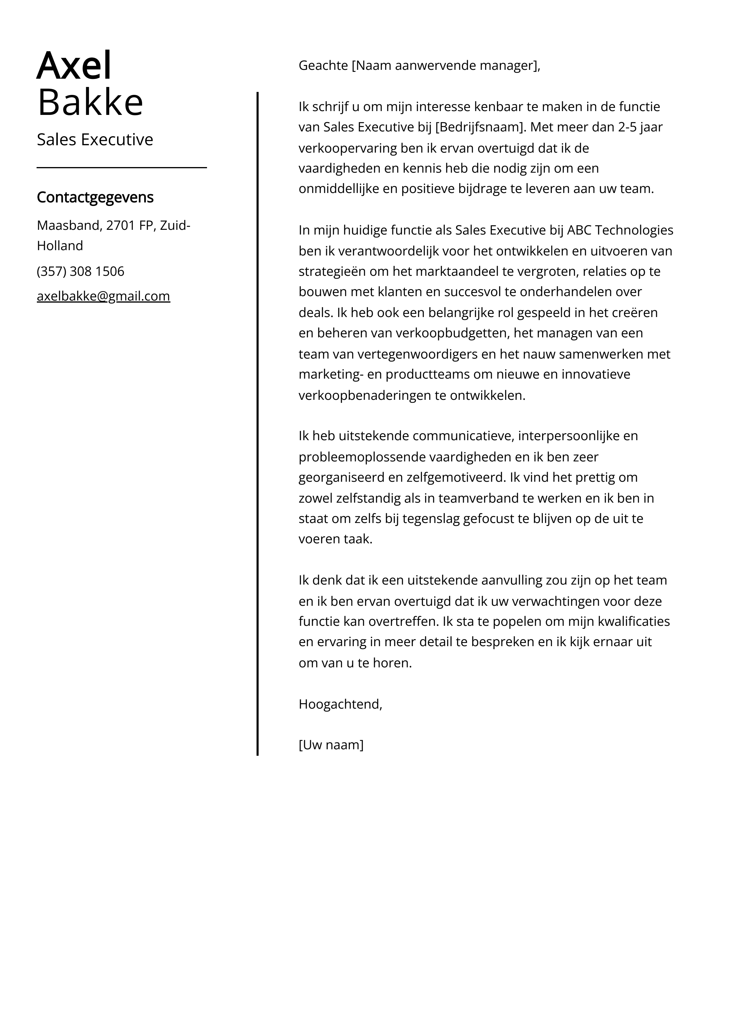 Sales Executive Voorbeeld sollicitatiebrief