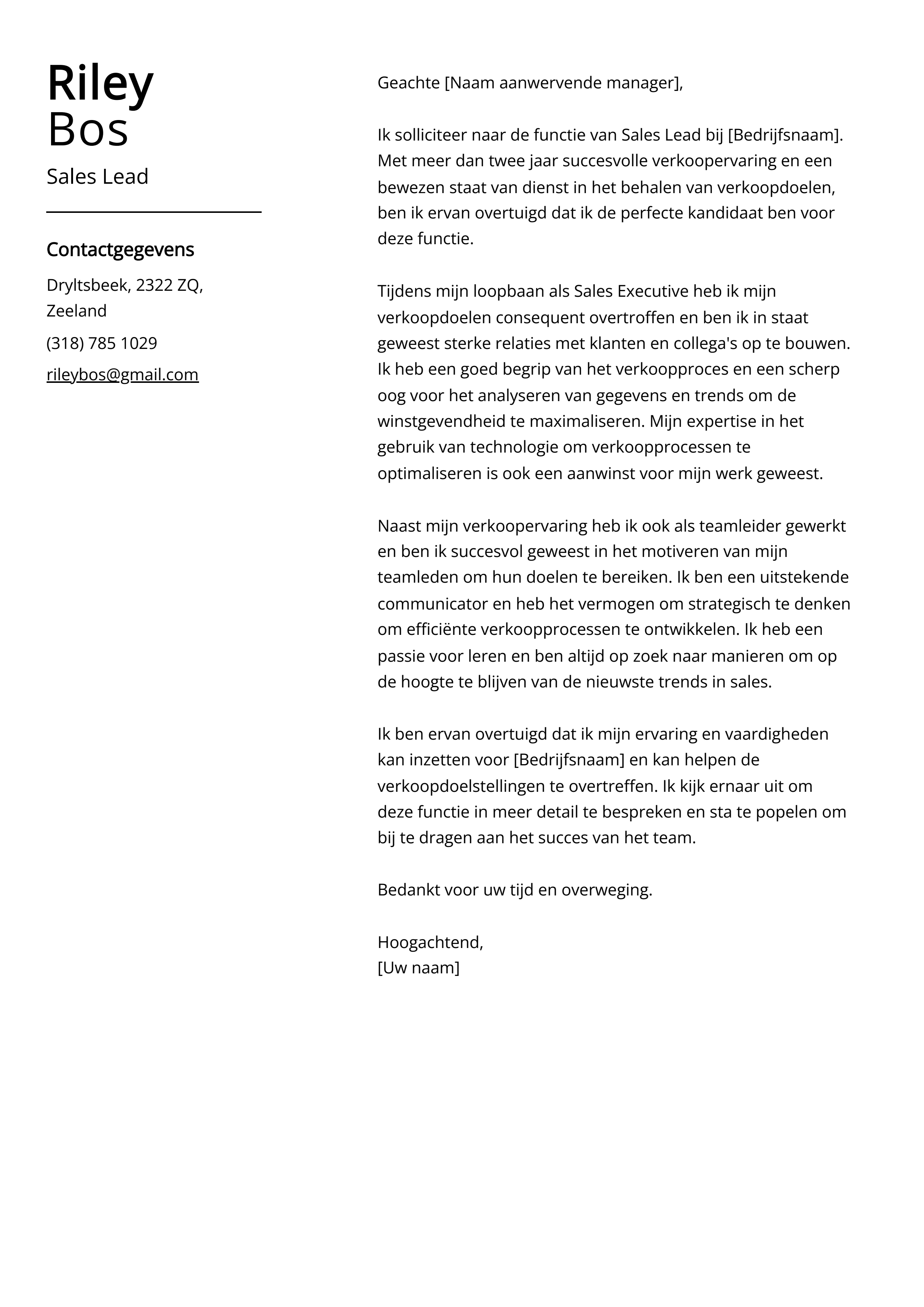 Sales Lead Voorbeeld sollicitatiebrief