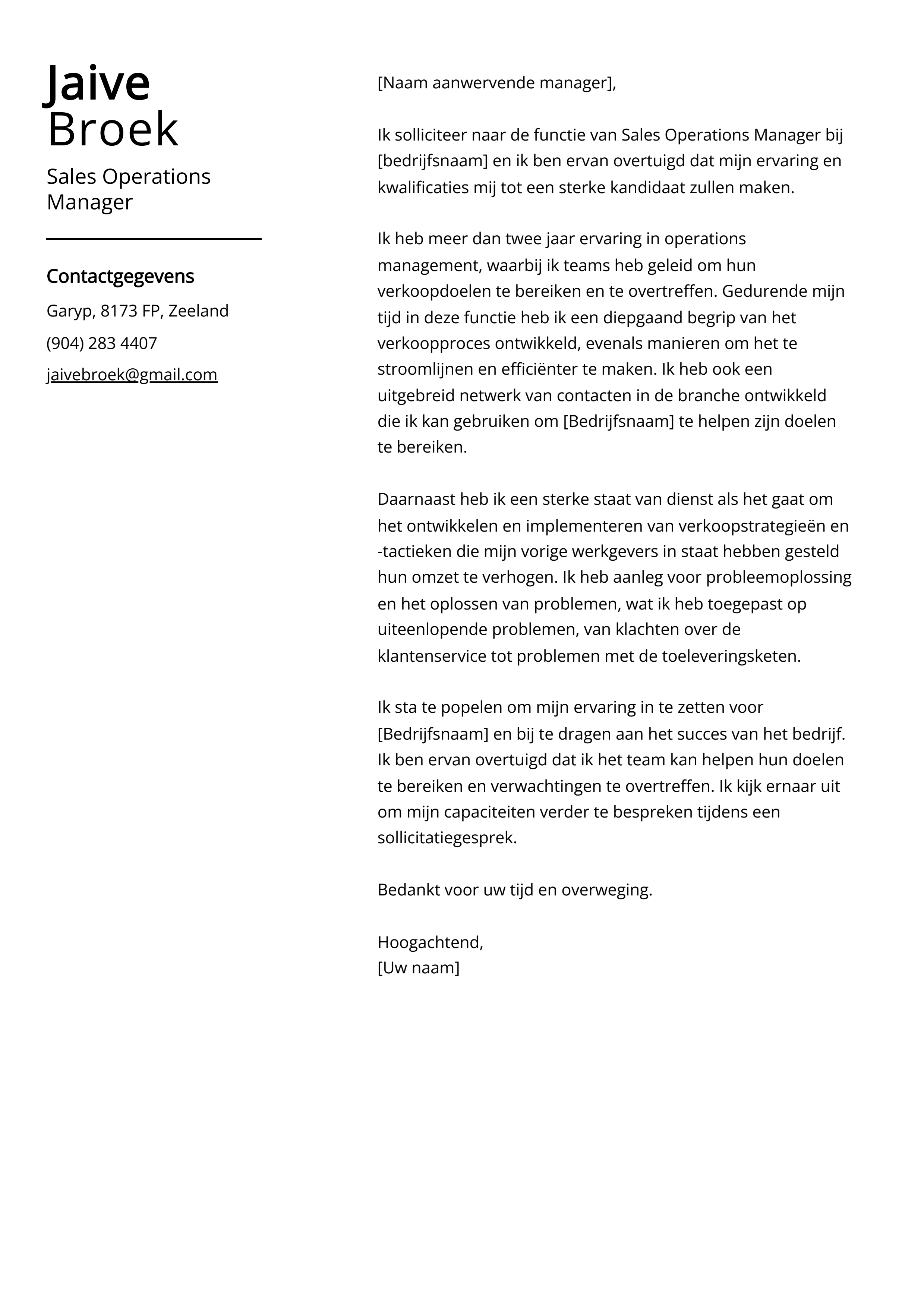 Sales Operations Manager Voorbeeld sollicitatiebrief