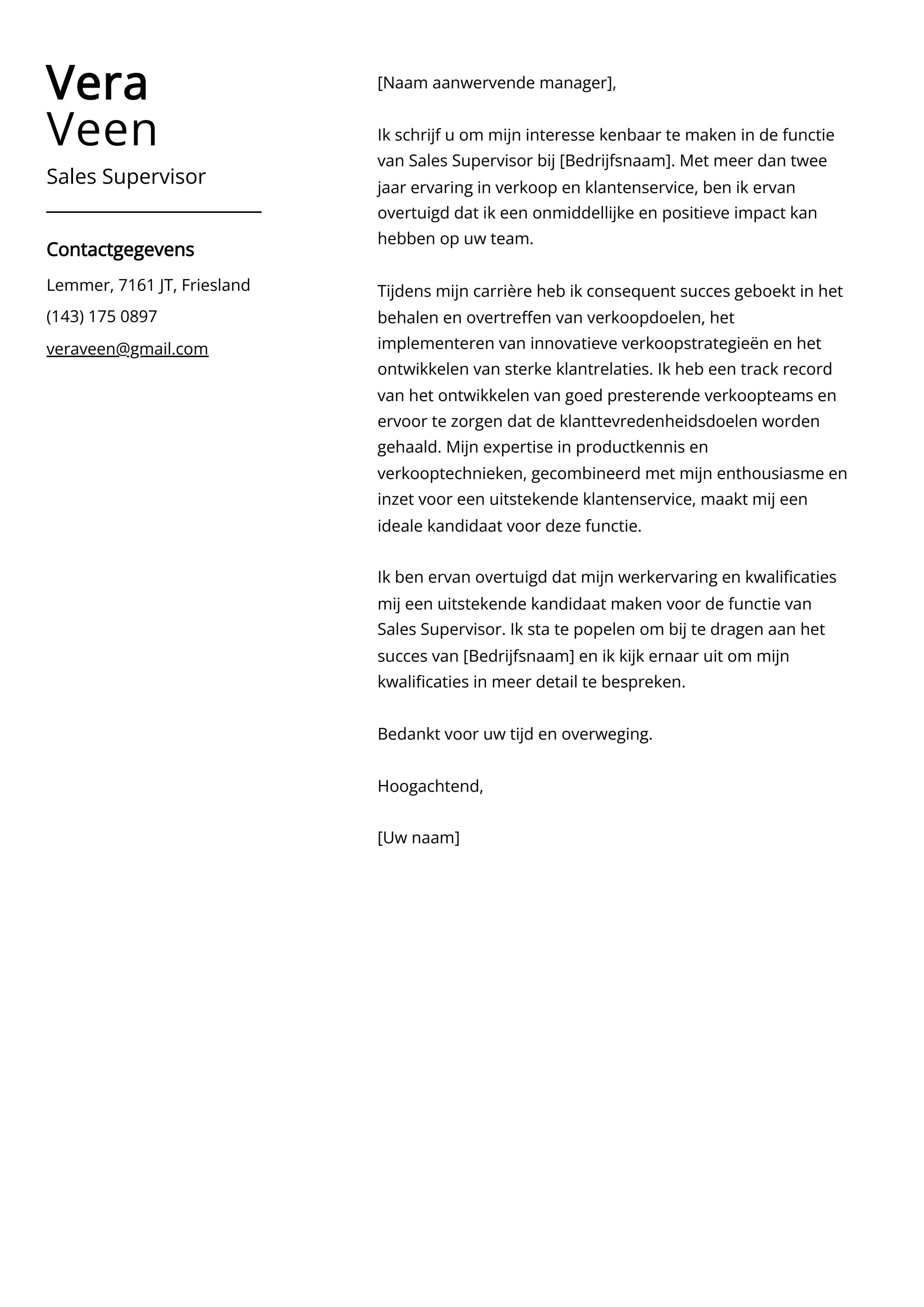 Sales Supervisor Voorbeeld sollicitatiebrief