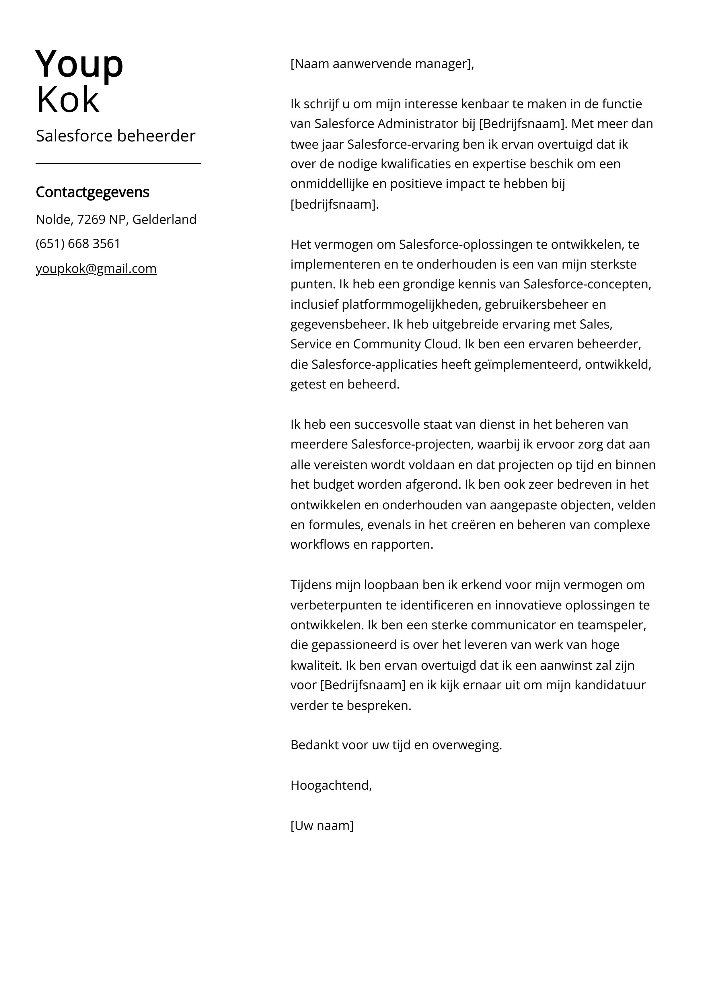 Salesforce beheerder Cover Letter Voorbeeld