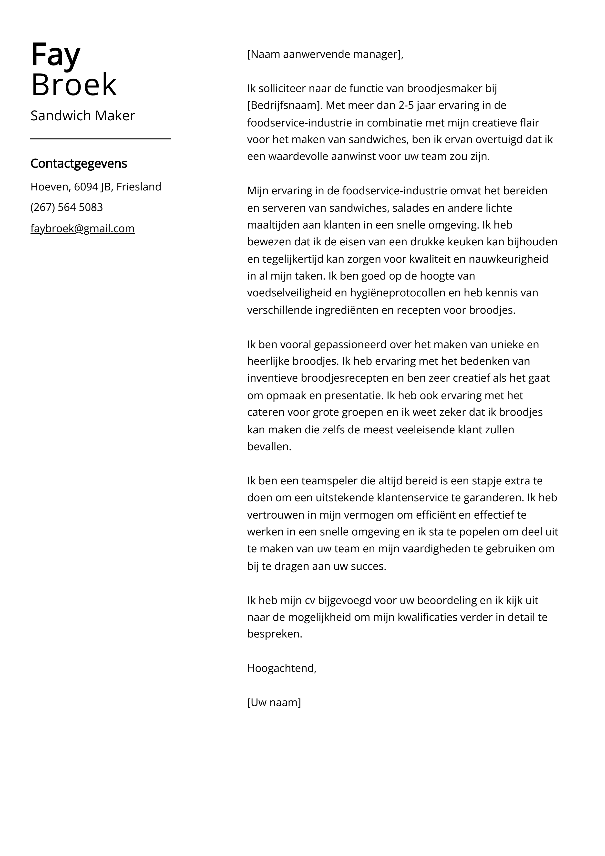 Sandwich Maker Voorbeeld sollicitatiebrief