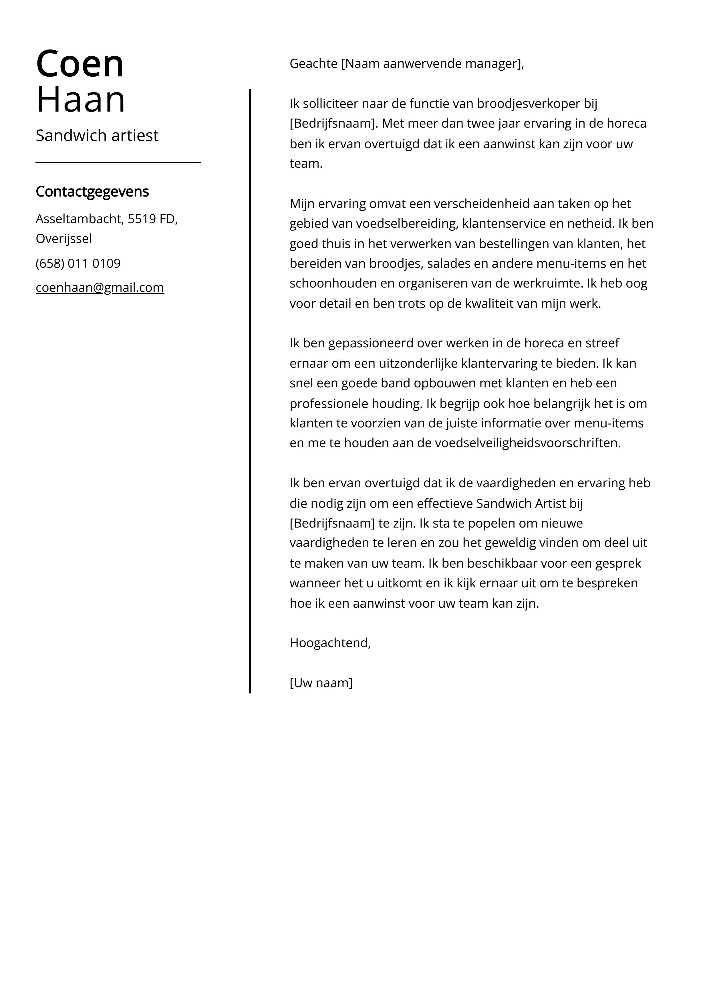 Sandwich artiest sollicitatiebrief voorbeeld