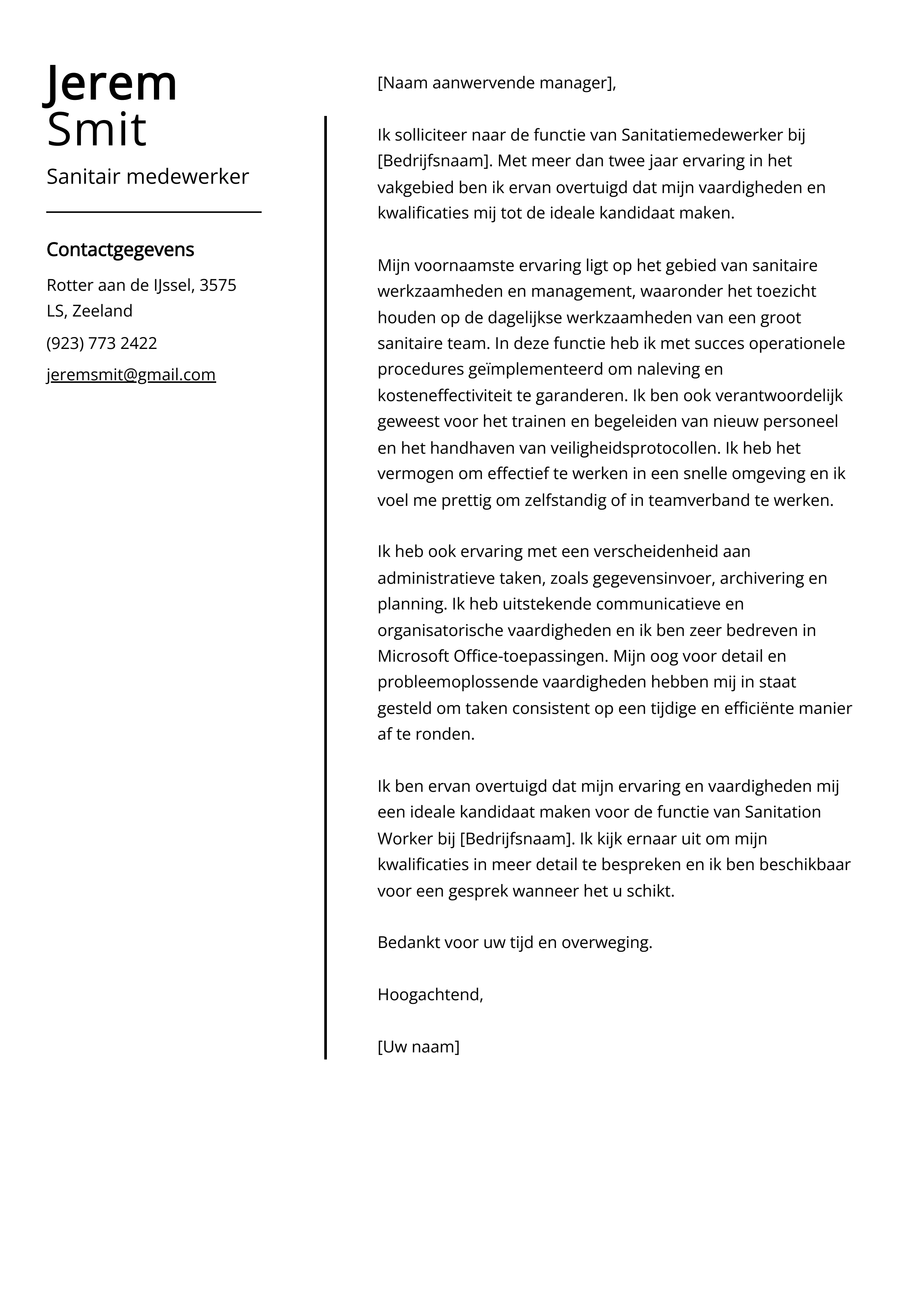 Sanitair medewerker Voorbeeld sollicitatiebrief