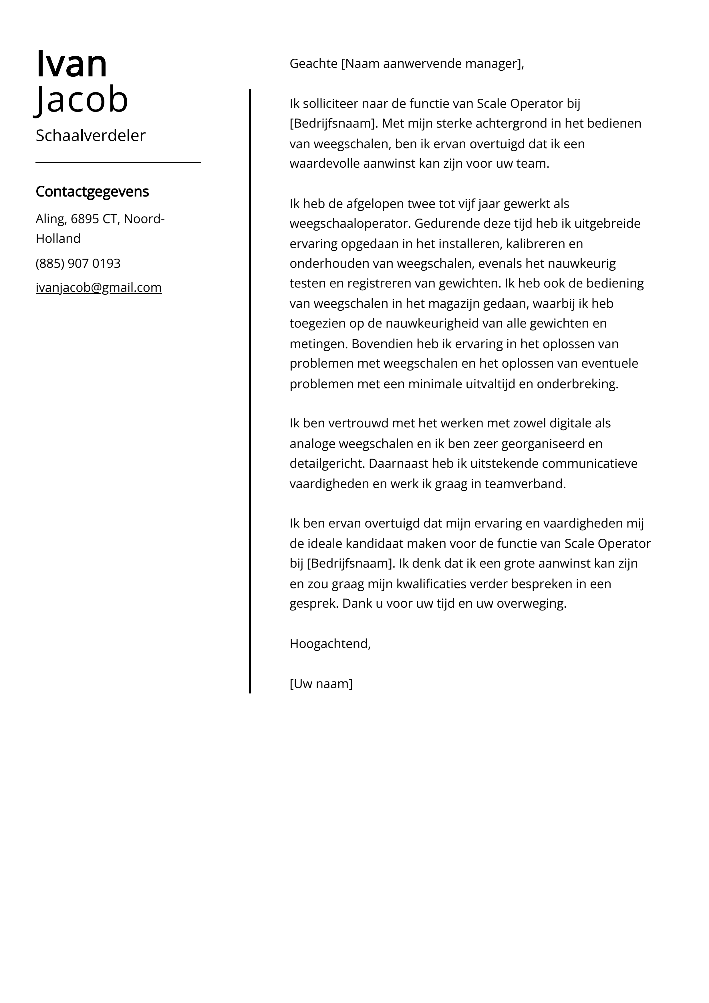 Schaalverdeler sollicitatiebrief voorbeeld