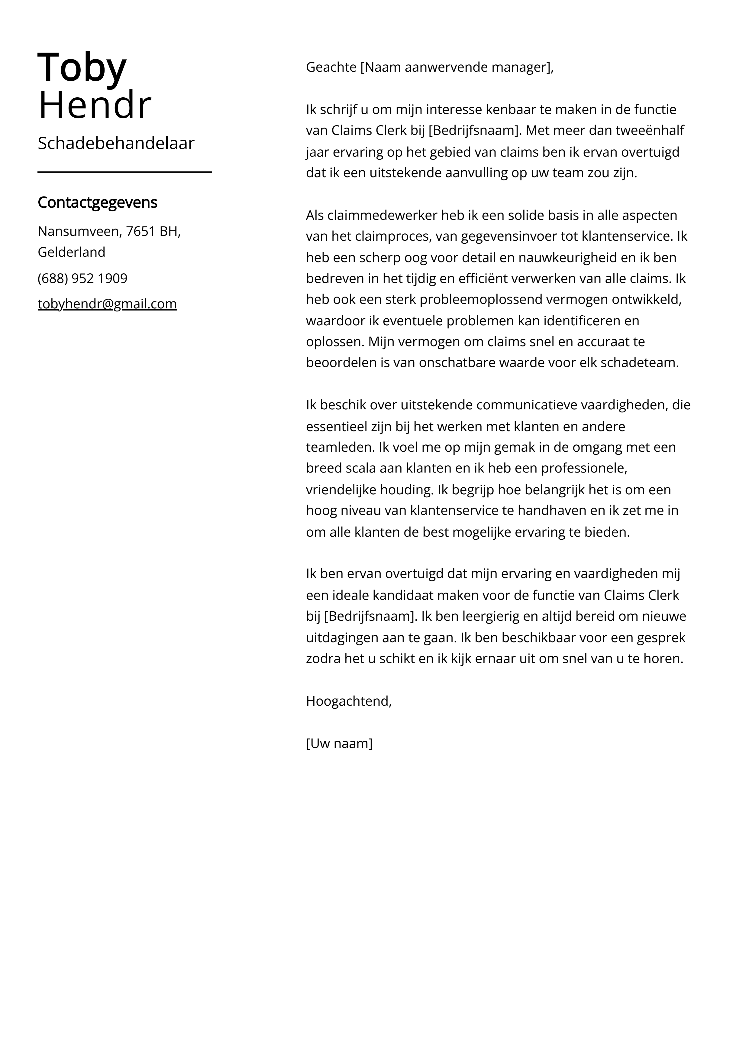 Schadebehandelaar Voorbeeld sollicitatiebrief