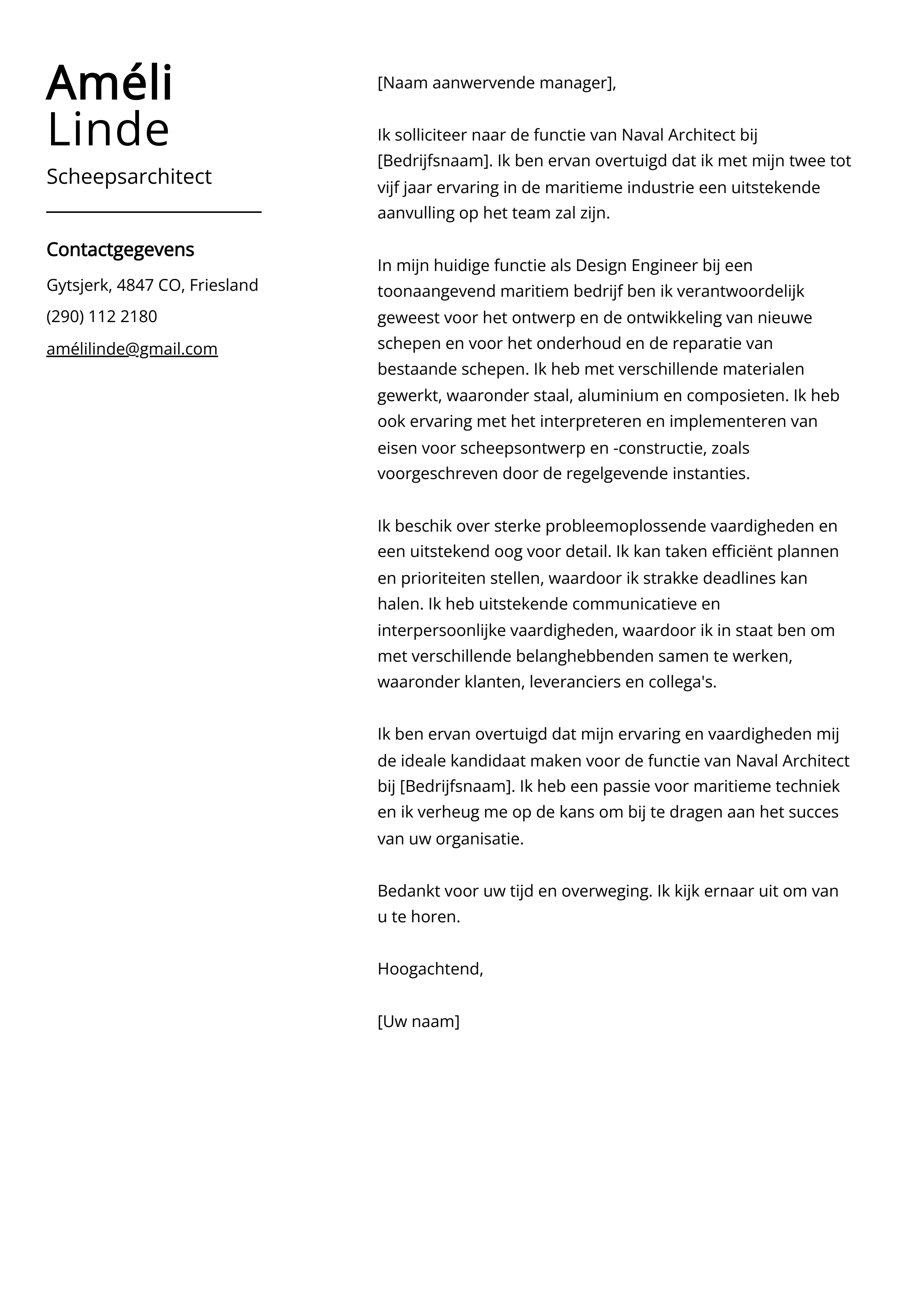 Scheepsarchitect Sollicitatiebrief Voorbeeld