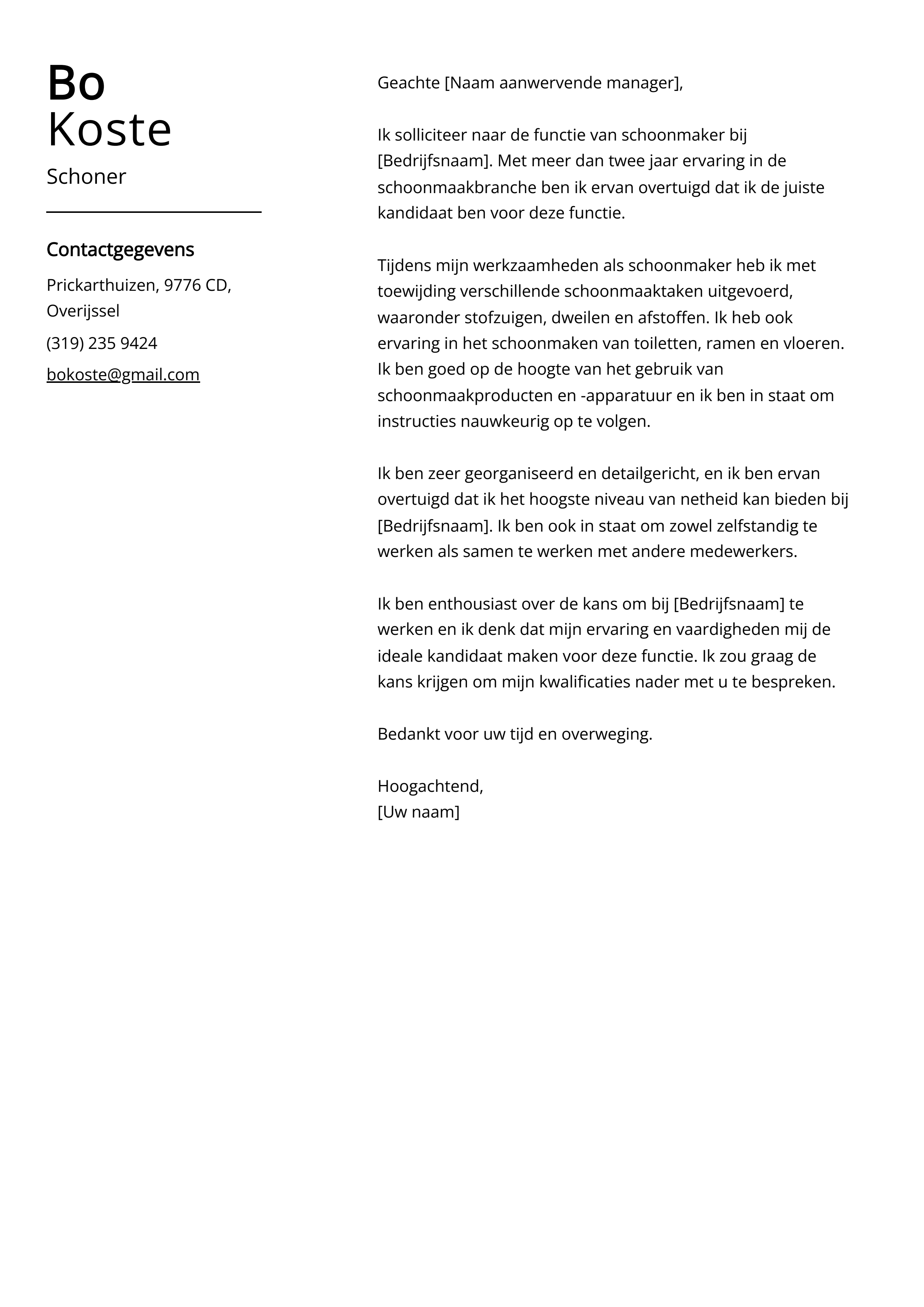 Schoner sollicitatiebrief voorbeeld