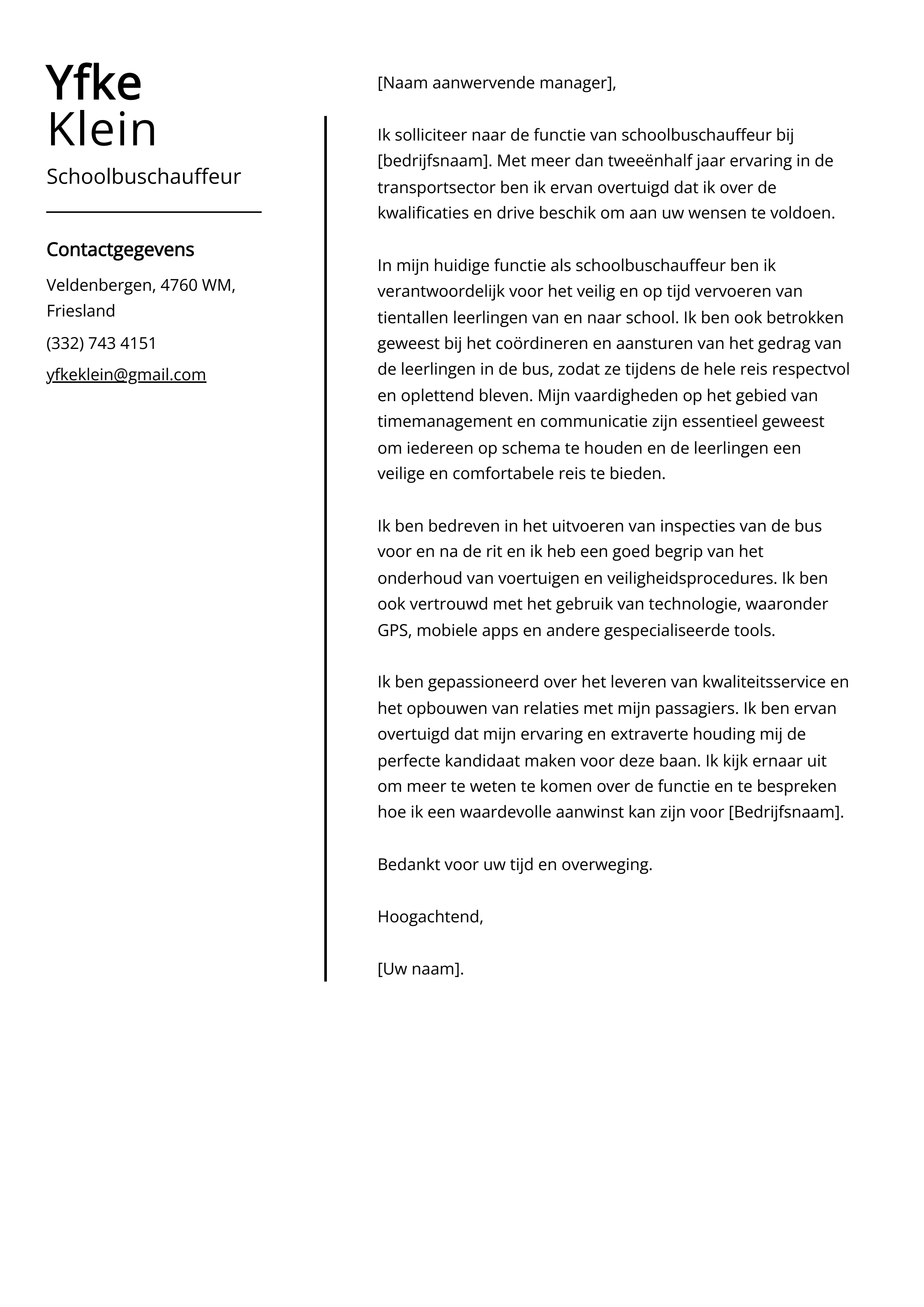 Schoolbuschauffeur Voorbeeld sollicitatiebrief