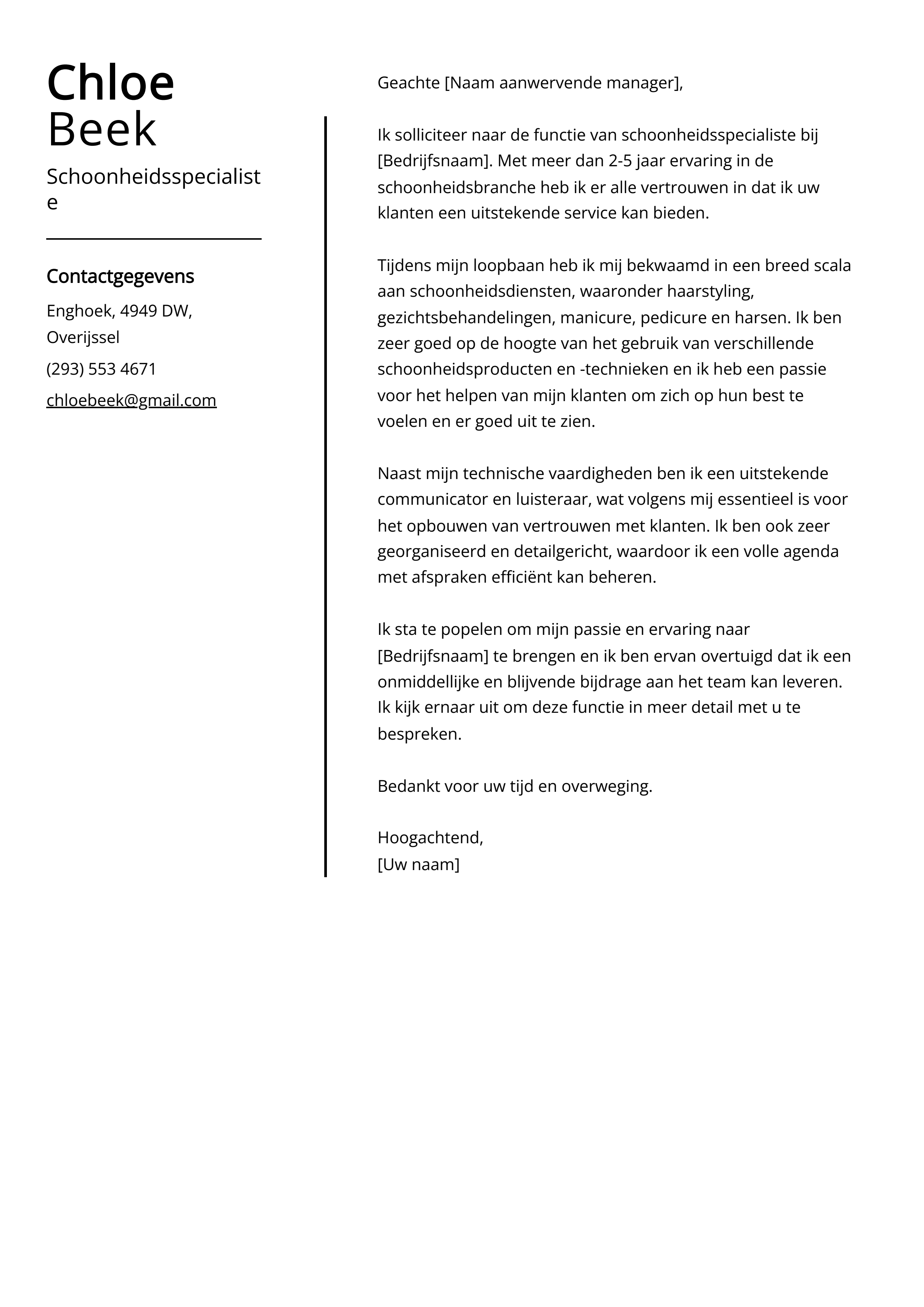 Schoonheidsspecialiste Sollicitatiebrief Voorbeeld