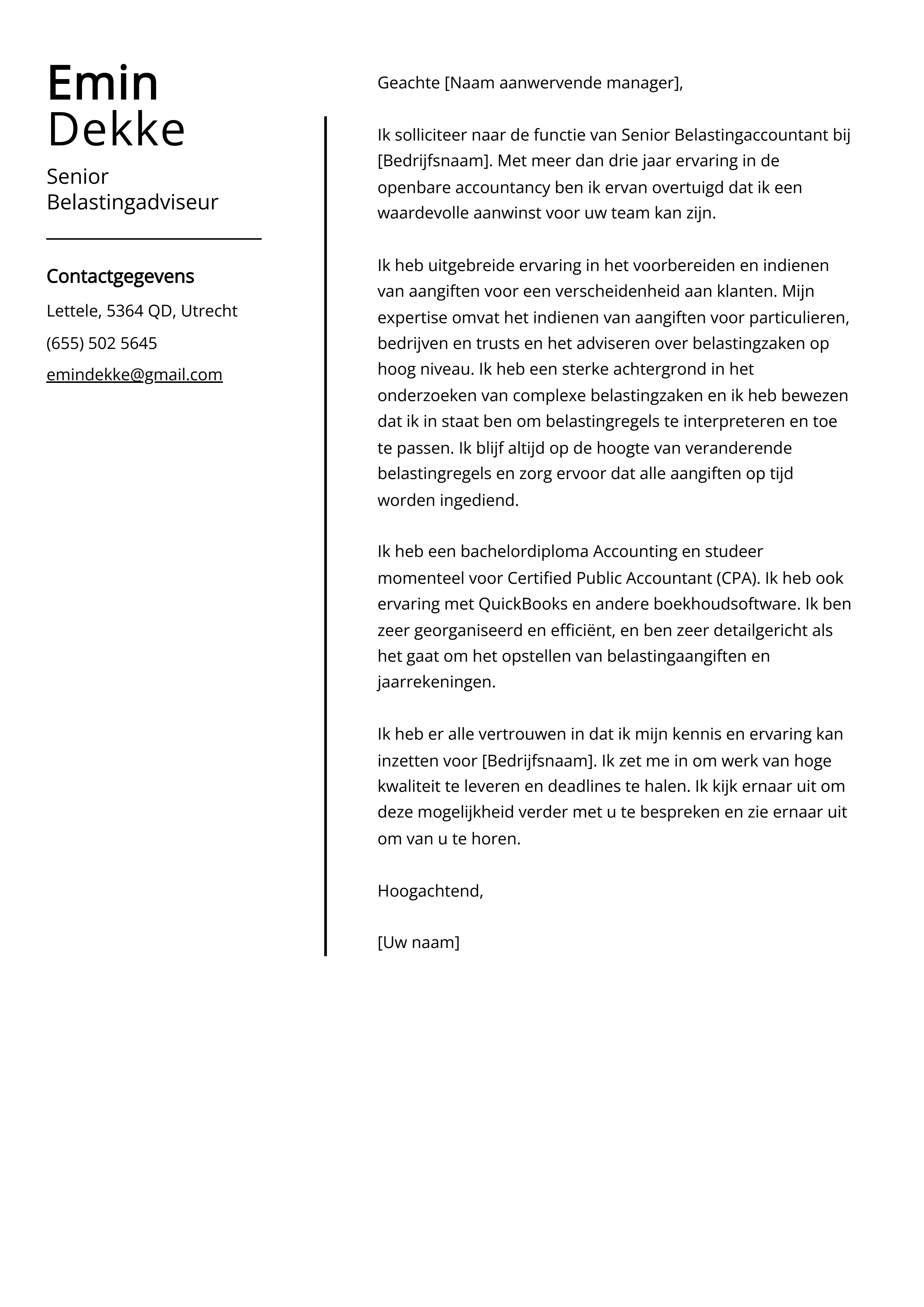 Senior Belastingadviseur Sollicitatiebrief Voorbeeld