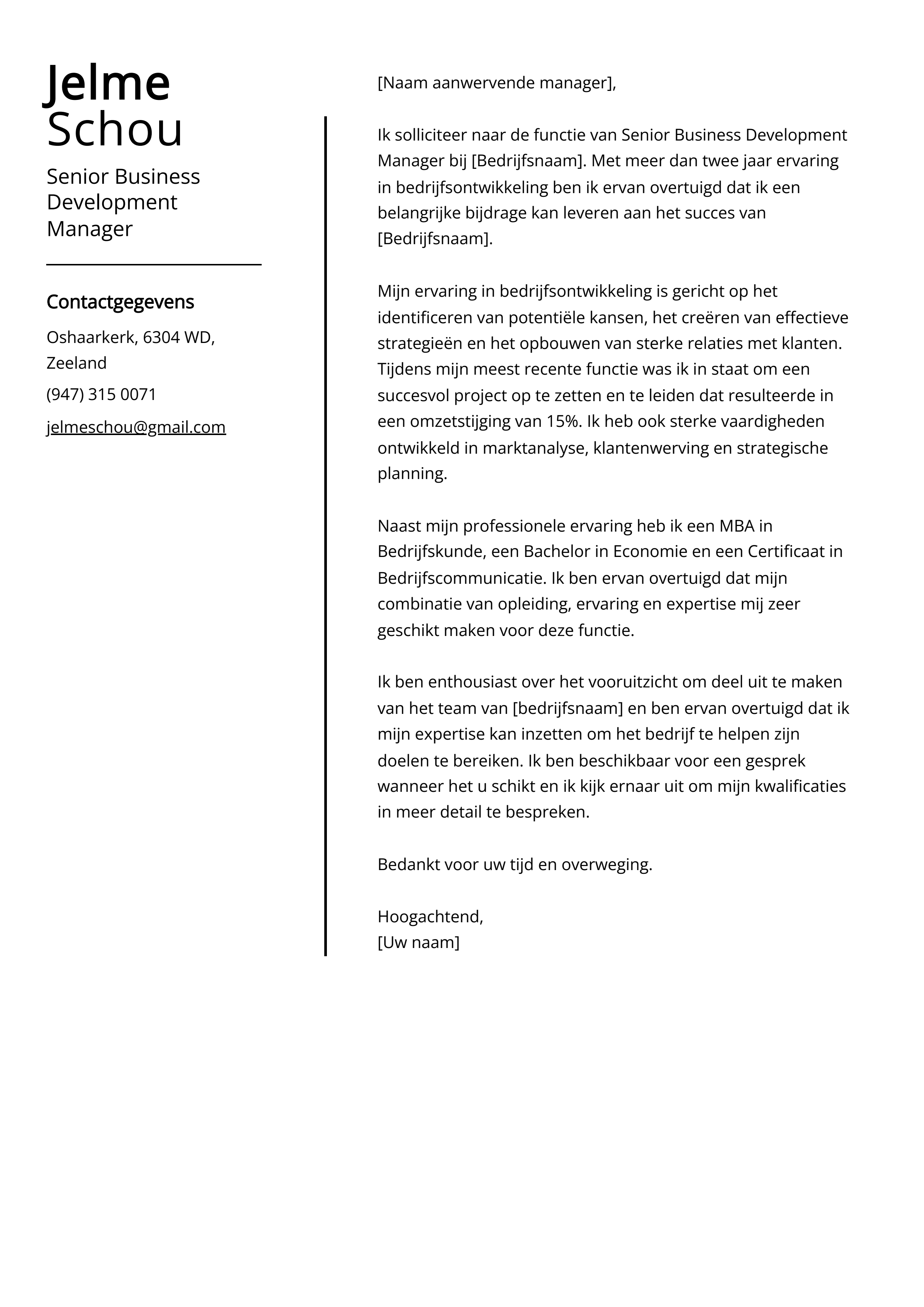 Senior Business Development Manager Voorbeeld sollicitatiebrief