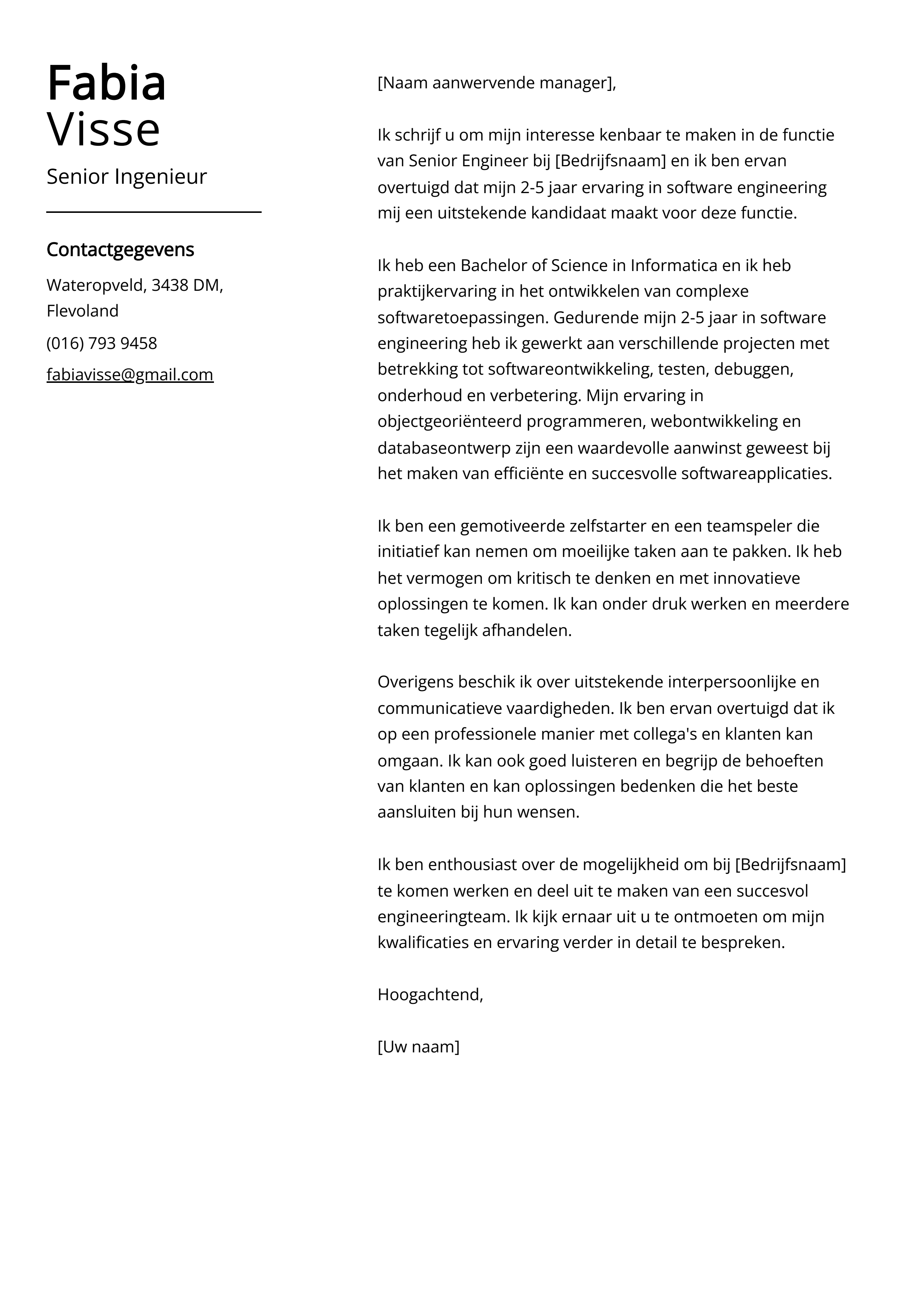 Senior Ingenieur Sollicitatiebrief Voorbeeld