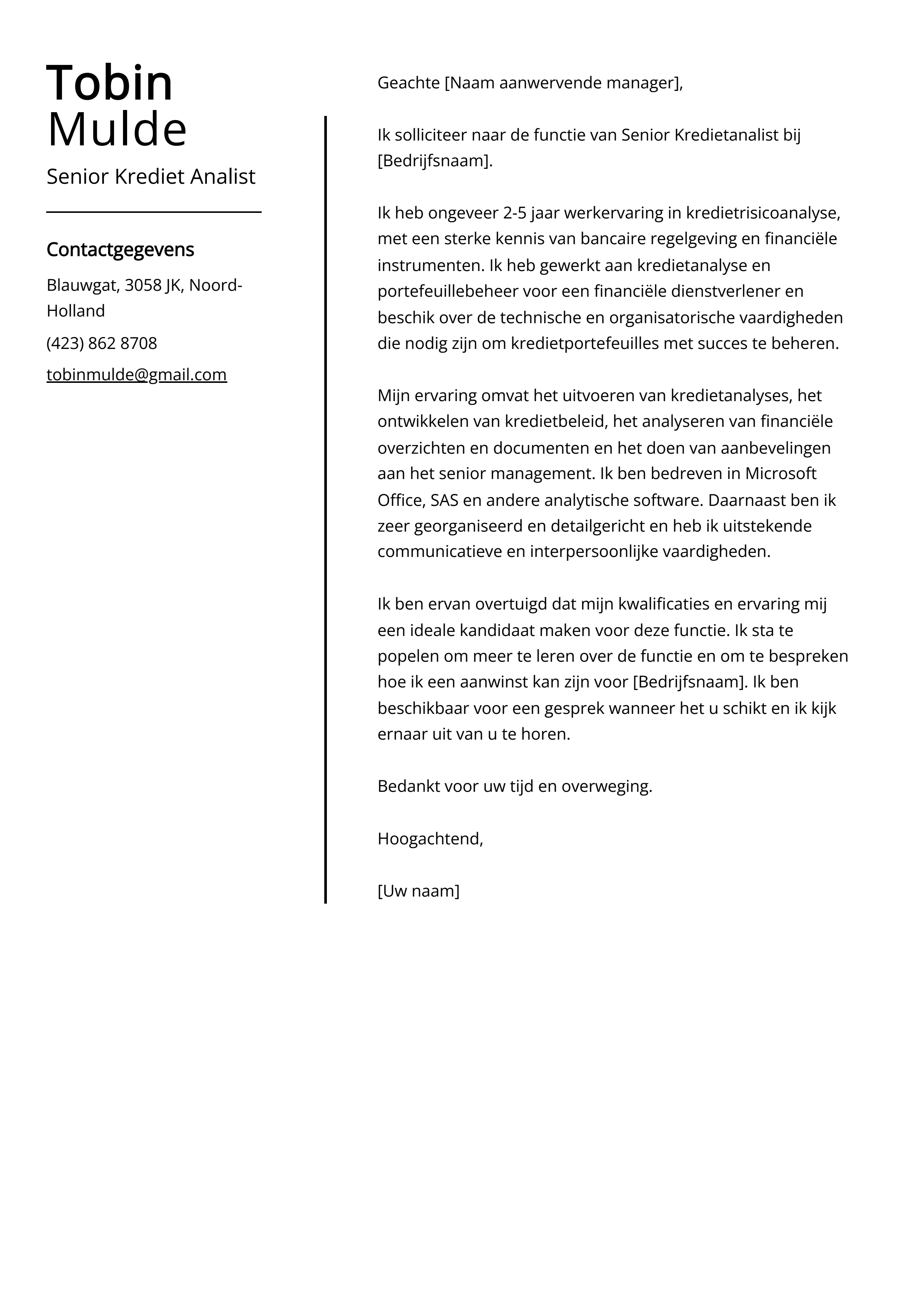 Senior Krediet Analist Voorbeeld sollicitatiebrief