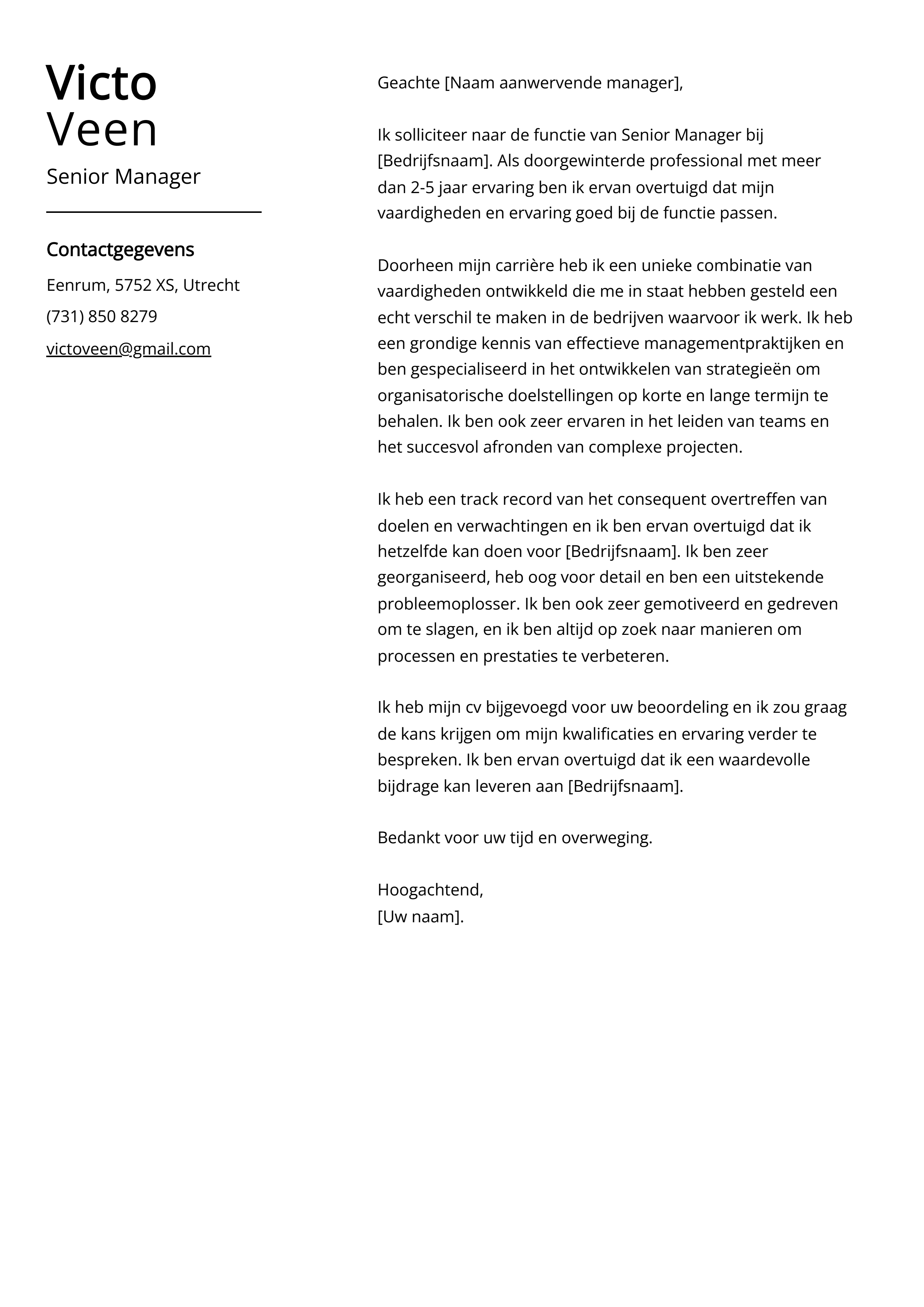 Senior Manager Voorbeeld sollicitatiebrief