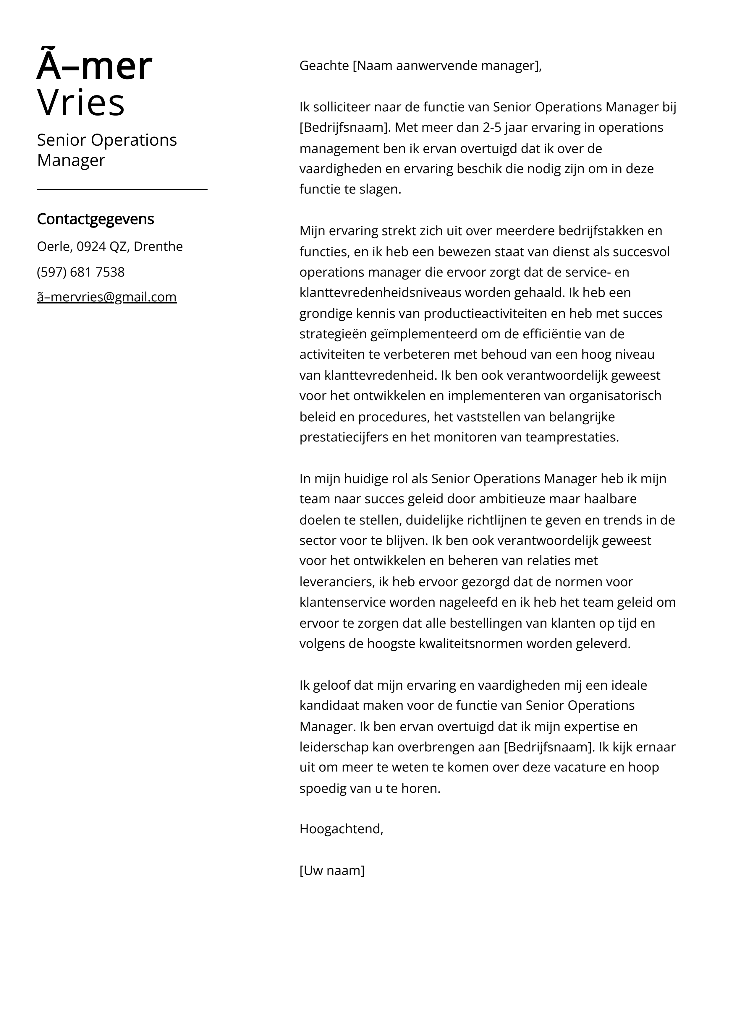 Senior Operations Manager Voorbeeld sollicitatiebrief