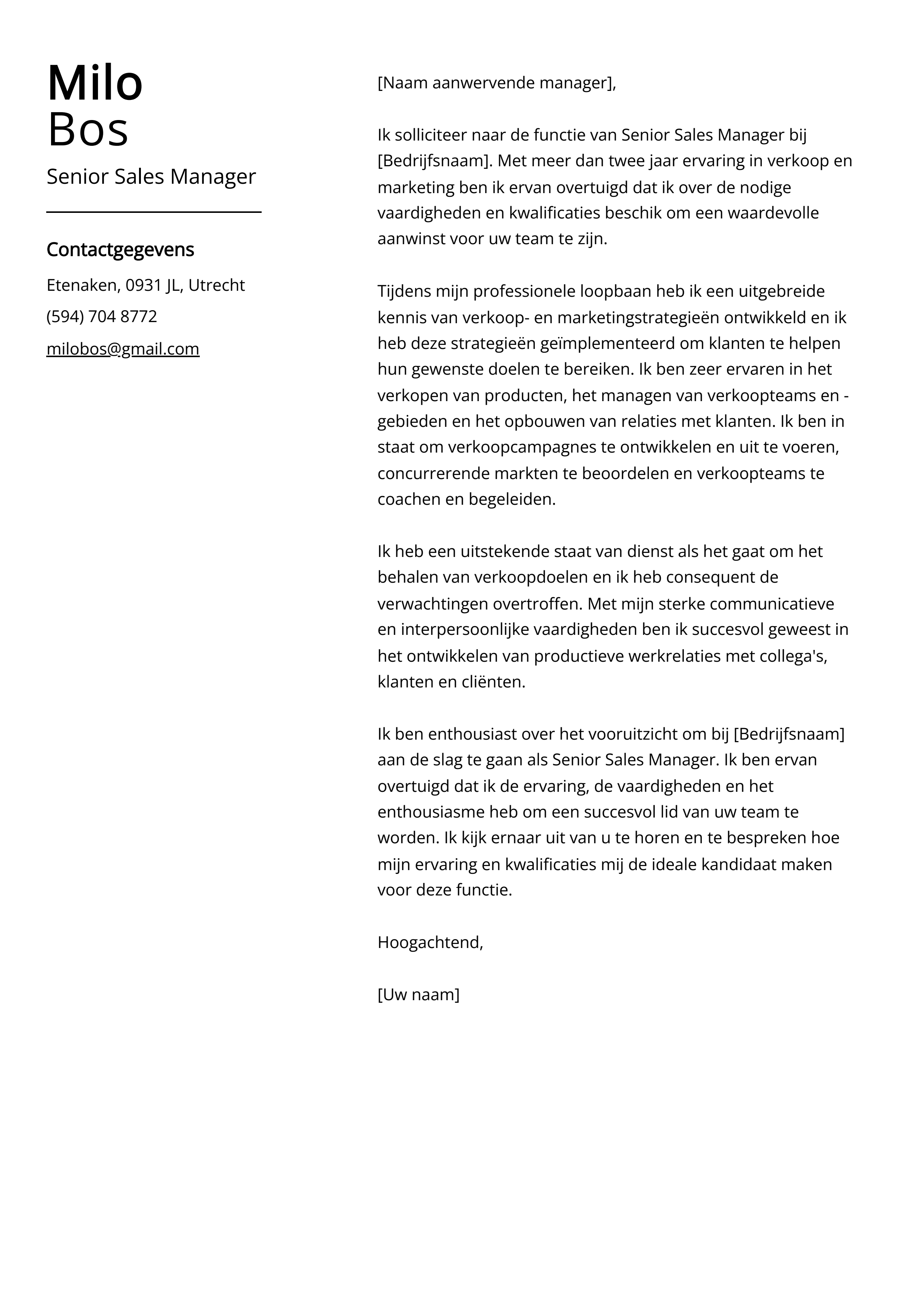 Senior Sales Manager Voorbeeld sollicitatiebrief