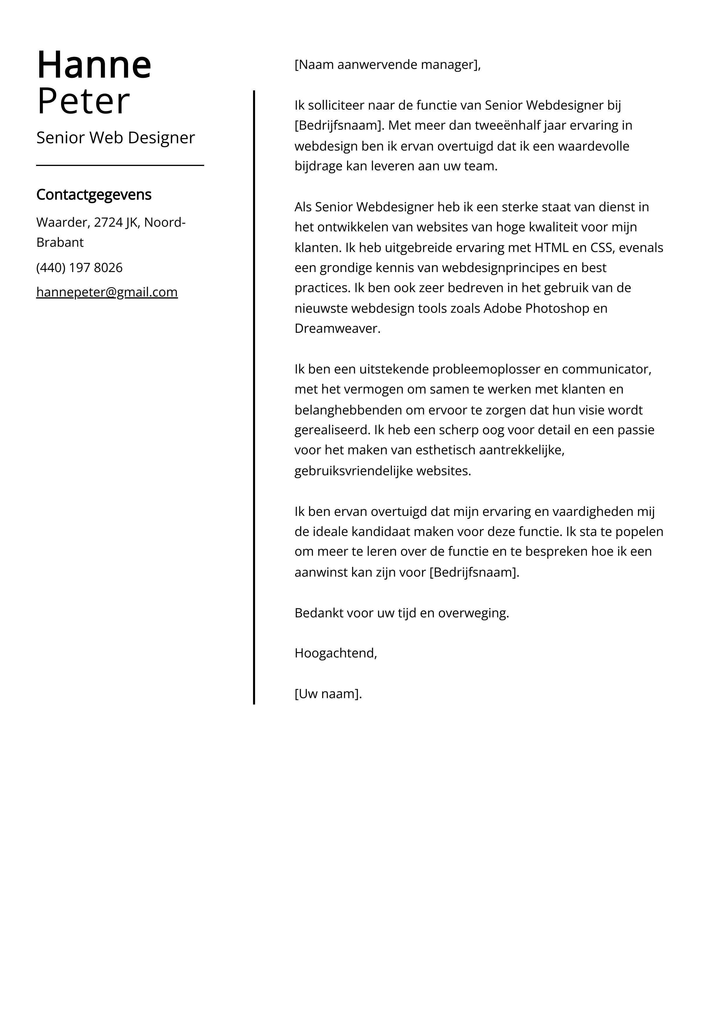 Senior Web Designer Voorbeeld sollicitatiebrief