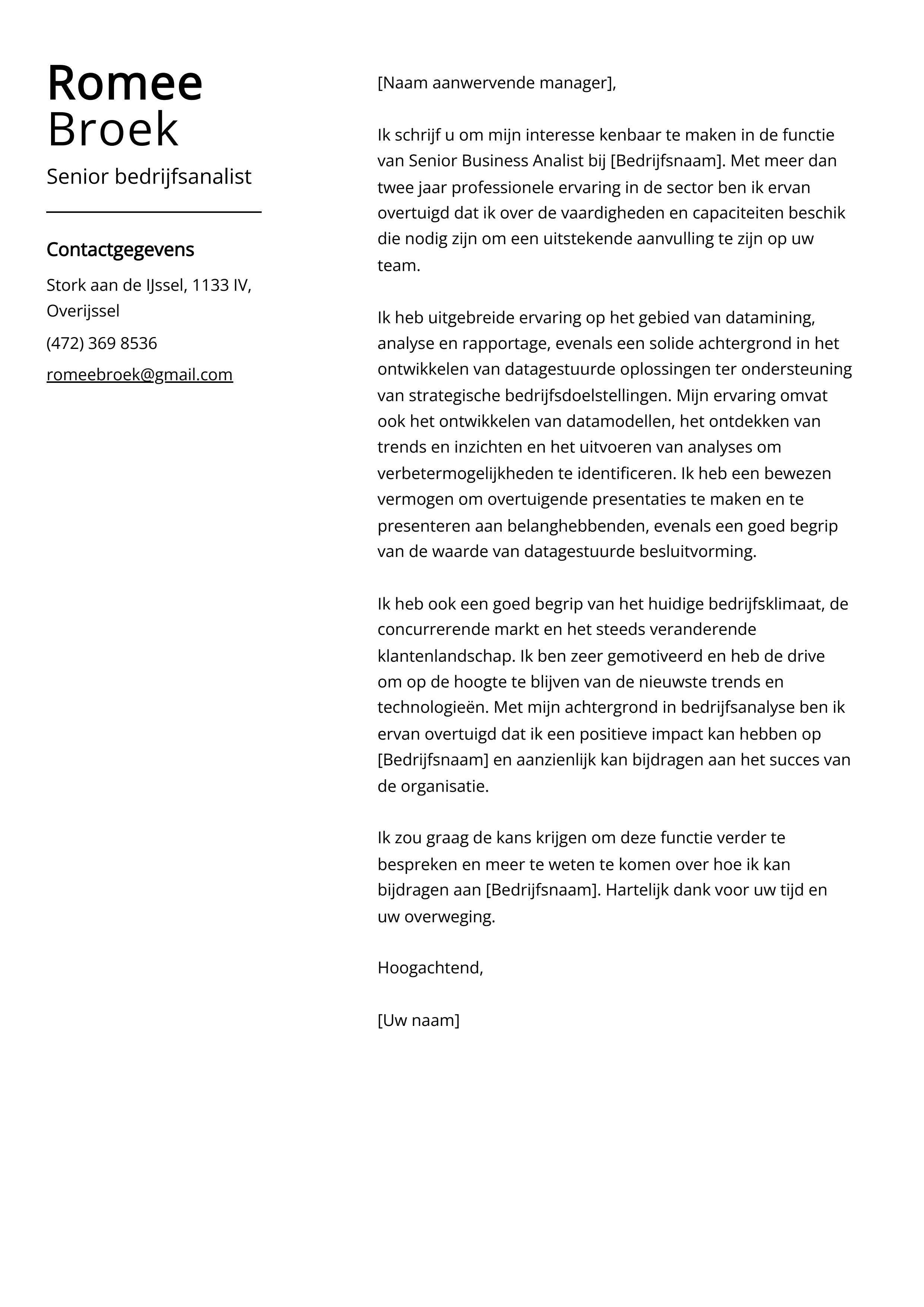 Senior bedrijfsanalist Cover Letter Voorbeeld