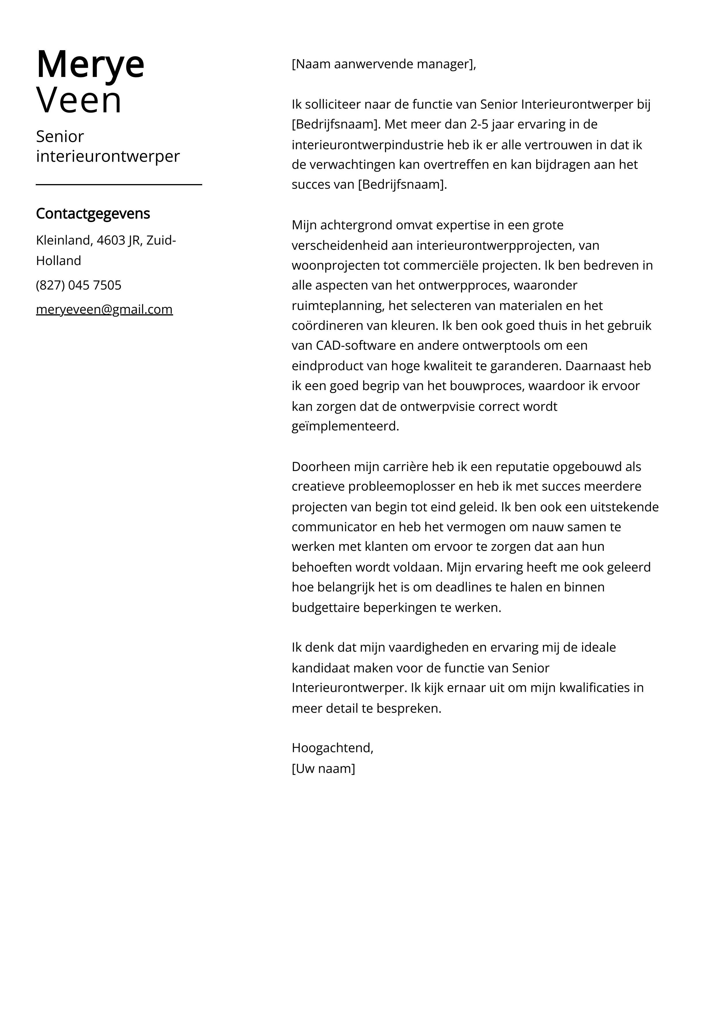 Senior interieurontwerper Sollicitatiebrief Voorbeeld