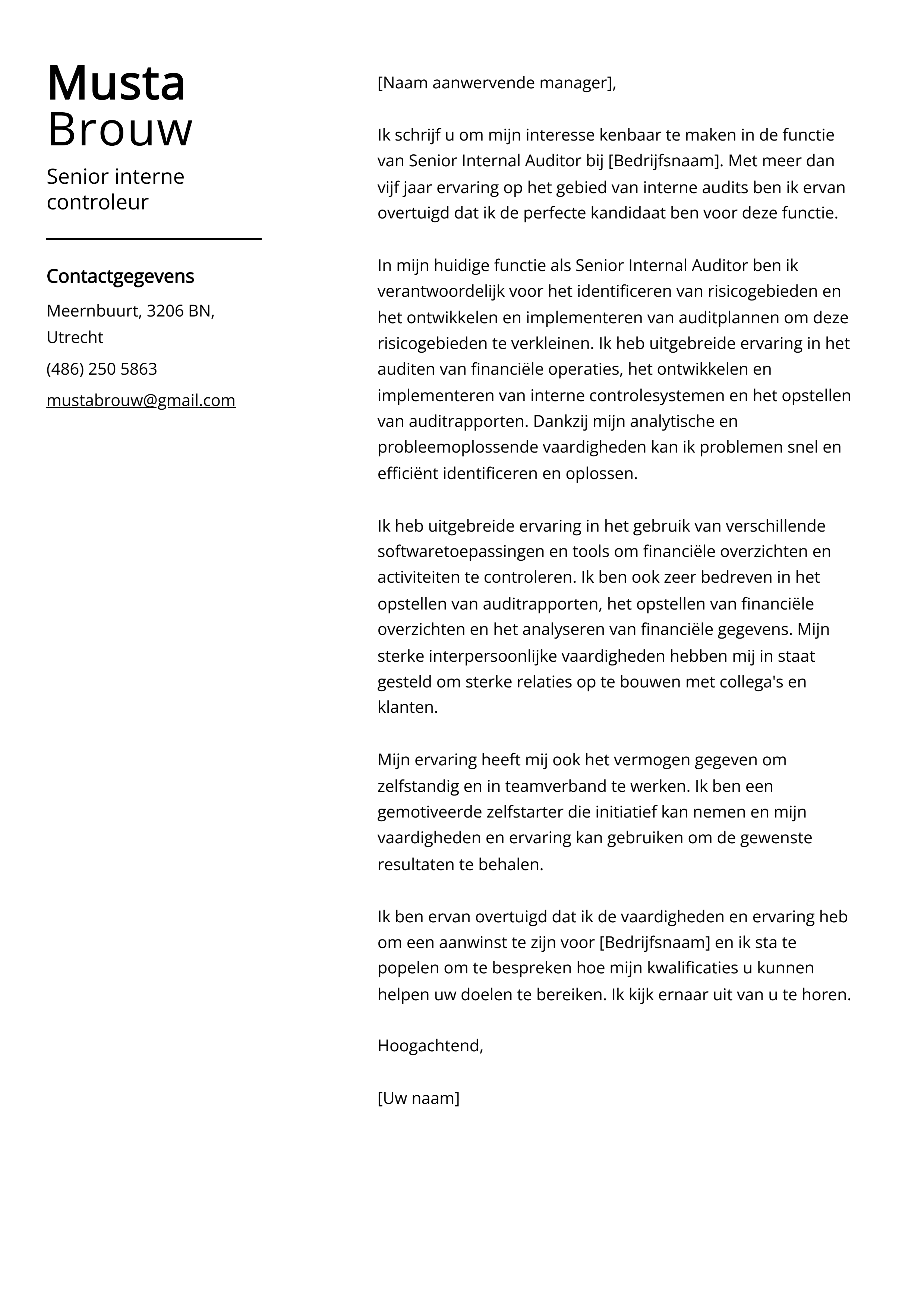 Senior interne controleur Voorbeeld sollicitatiebrief